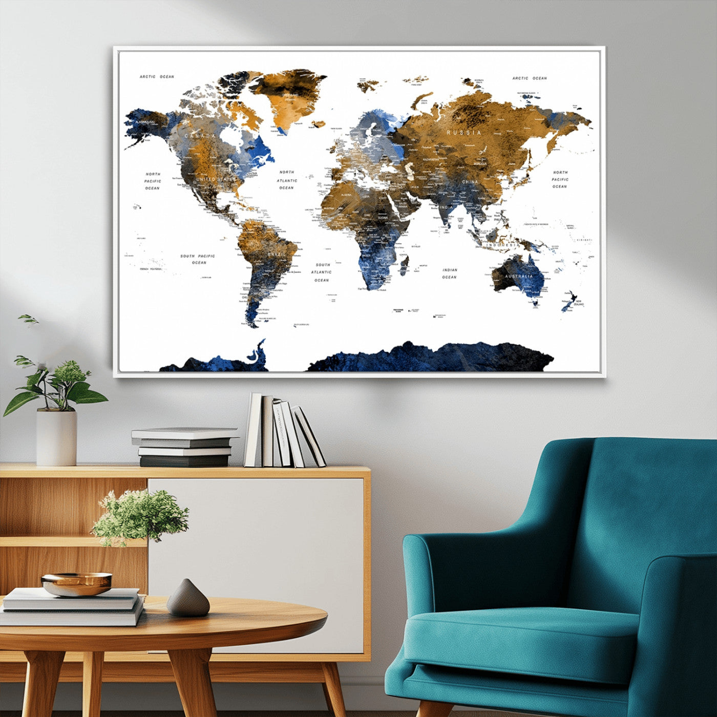 56231-MGV-CV-36X24-Navy and Gold World Map Canvas Wall Art – Framed Modern World Map Print, Elegant Travel Inspired Artwork for Home and Office Decor