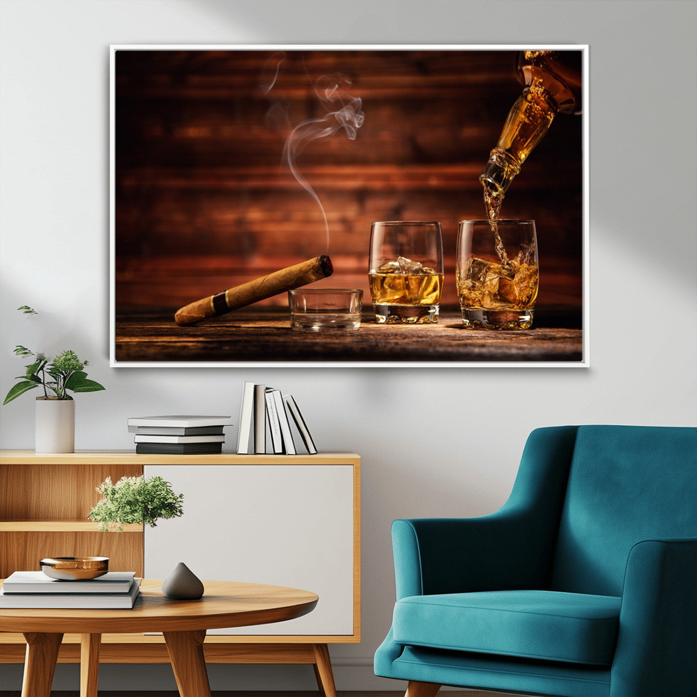 91042-MGV-FC-36X24_White-Whiskey and Cigar Wall Art Canvas | 3 Panel Bar Room Decor for Home Lounge, Office, or Man Cave |