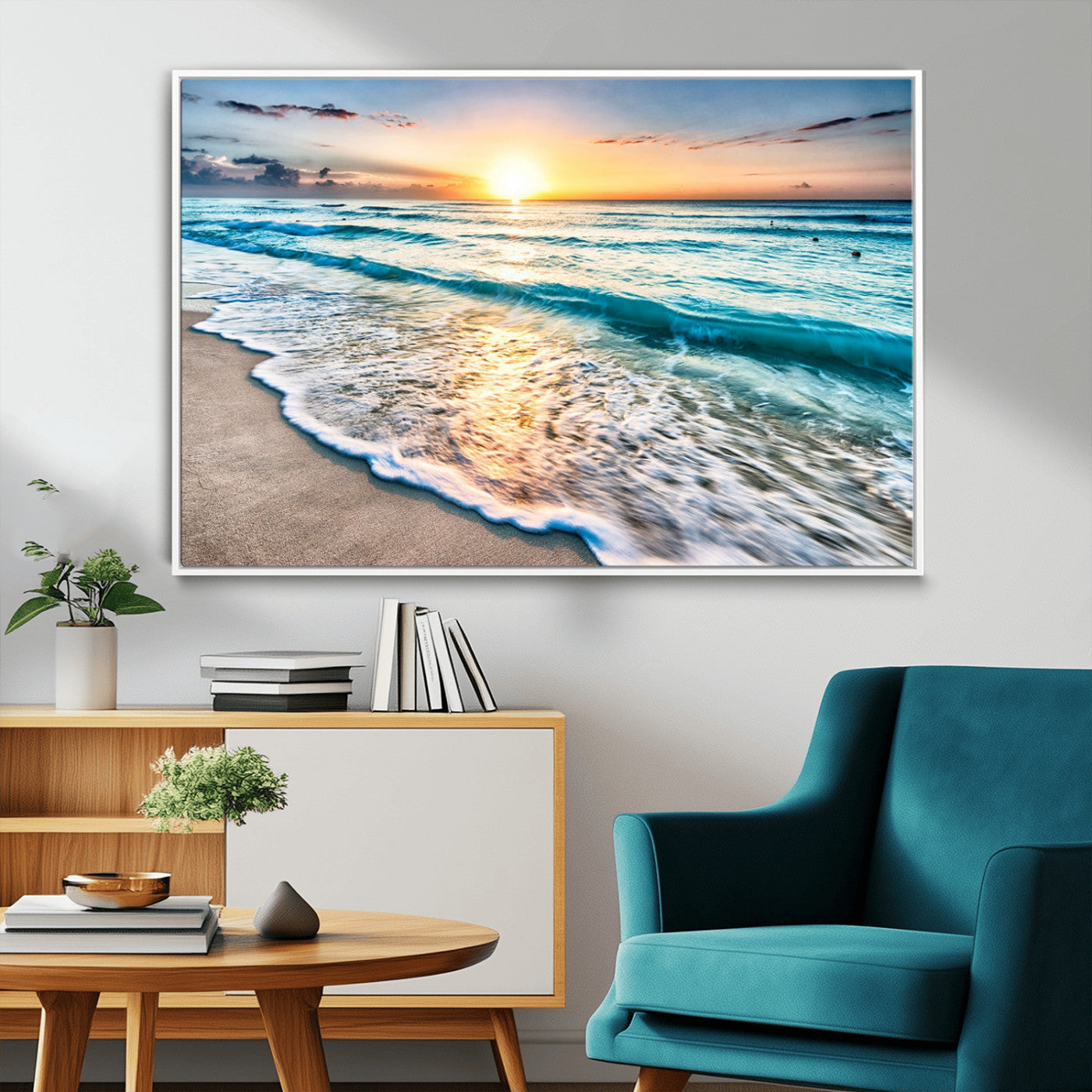 -Sunset Beach Waves Canvas Wall Art – 5-Panel Ocean Sunset Print – Coastal Decor for Living Room or