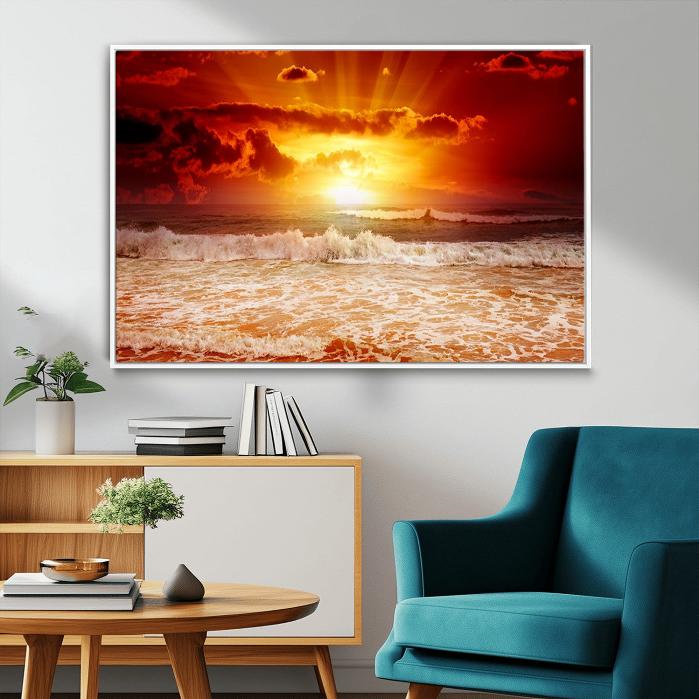 60211-MGV-FC-36X24_White-Red Sunset Ocean Beach Canvas Wall Art Beach Canvas, Coastal Sunset Print
