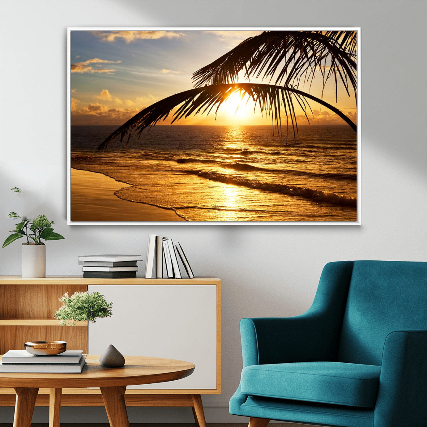 -Golden Tropical Beach Sunset Canvas Triptych, Coastal Palm Tree Wall Art, Ocean Shoreline Giclee
