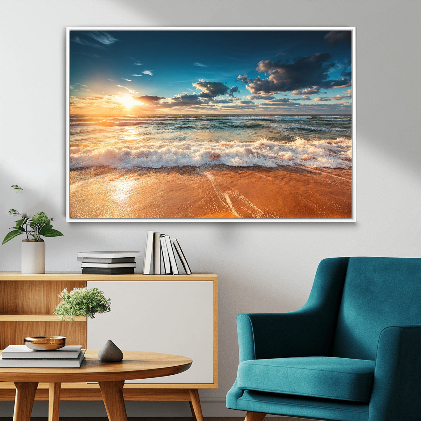 -Golden Sunset Beach Triptych Canvas Art, Giclee Coastal Wall Decor, Ocean Waves Print, Modern Beach