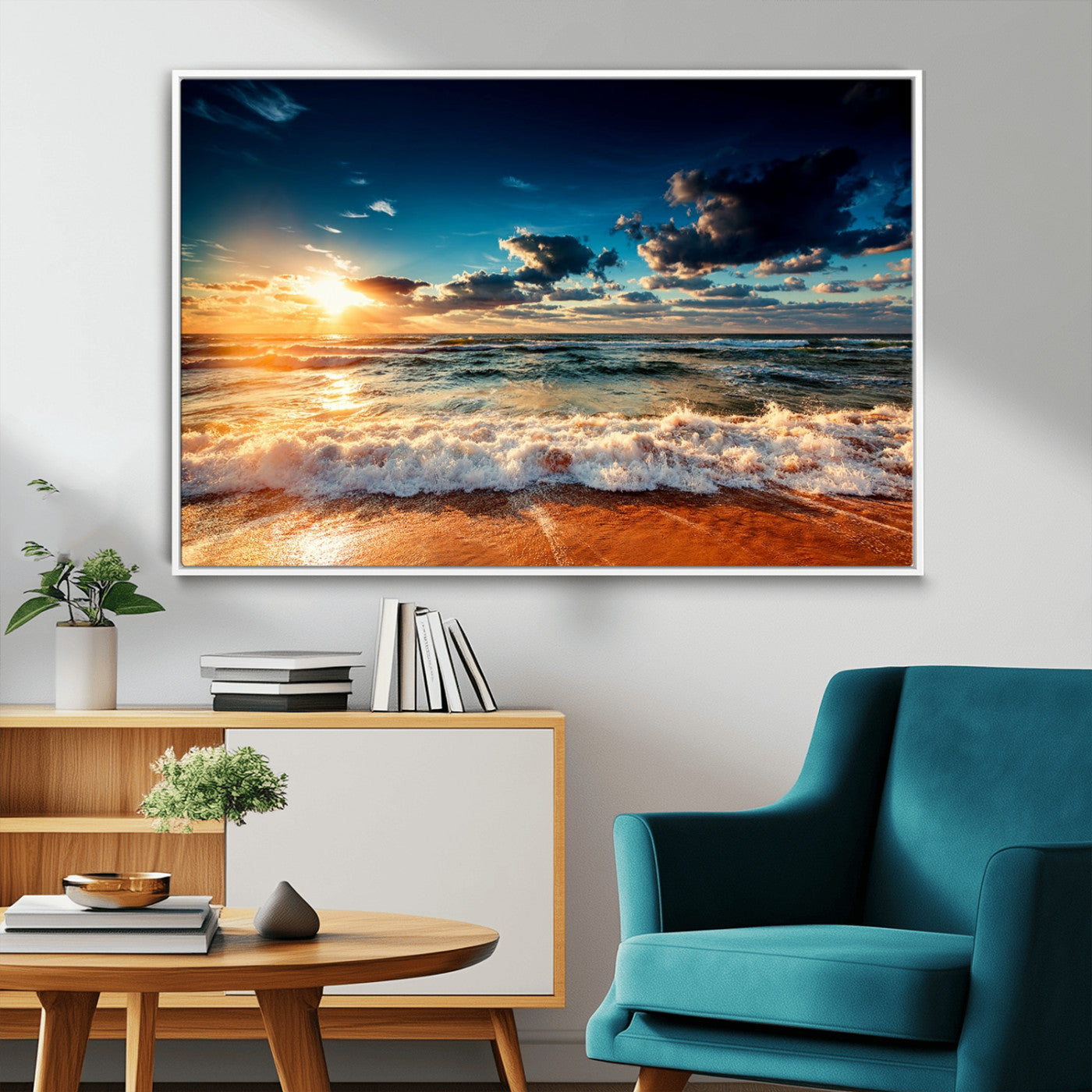 -Golden Hour Sunset Over Ocean Waves Wall Art Canvas Print | 3 Panel Coastal Landscape Canvas Wall