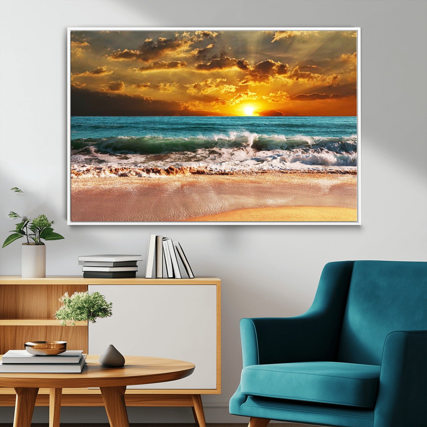 16495-MGV-FC-36X24_White-Golden Sunset Beach Canvas Wall Art – Triptych Seascape Print – Framed and Ready to Hang for Living