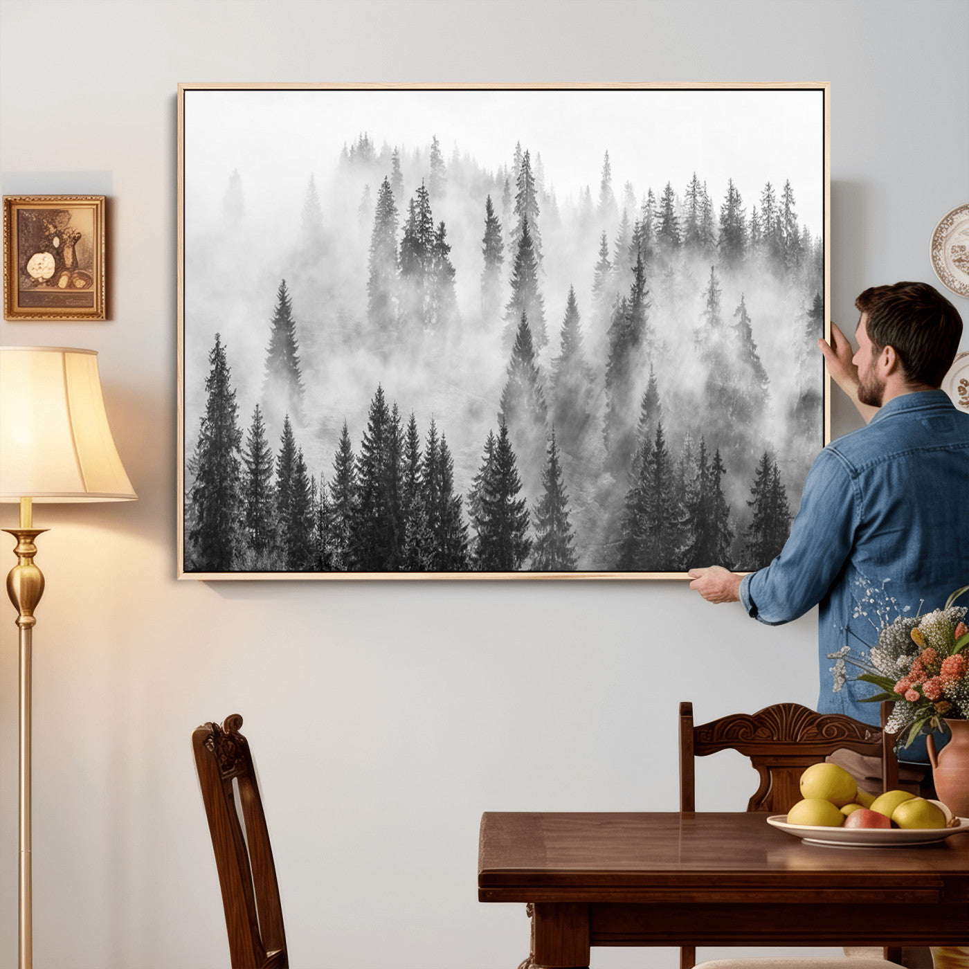 10422-MGV-CV-36X24 - Forest Wall Art Print | Foggy Pine Forest Canvas Wall Art - Black and White Nature Decor for Living