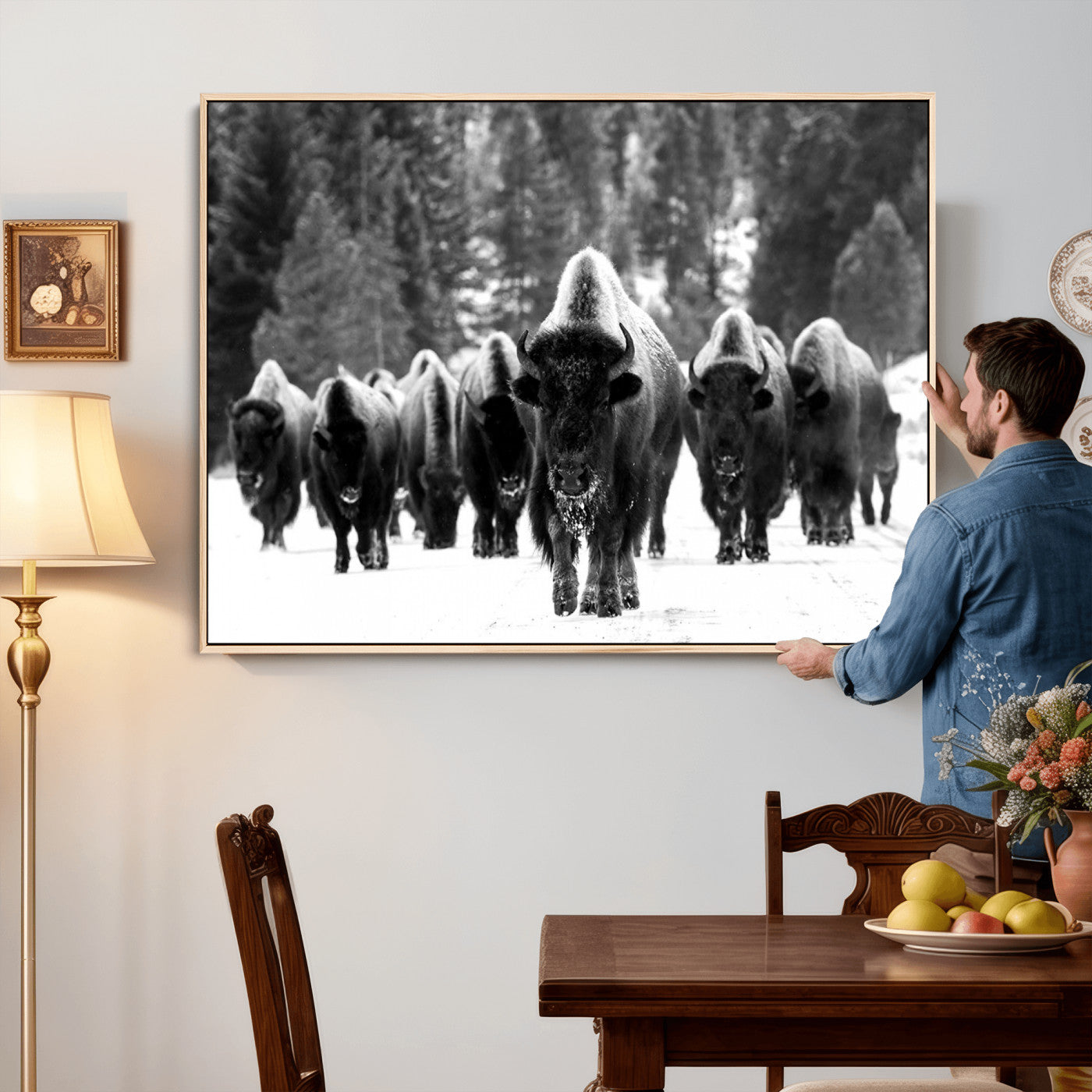 62434-MGV-CV-36X24 - Bison Herd in Snow Wall Art Canvas Print | Rustic Western Bison Wall Art for Decor for Living Room