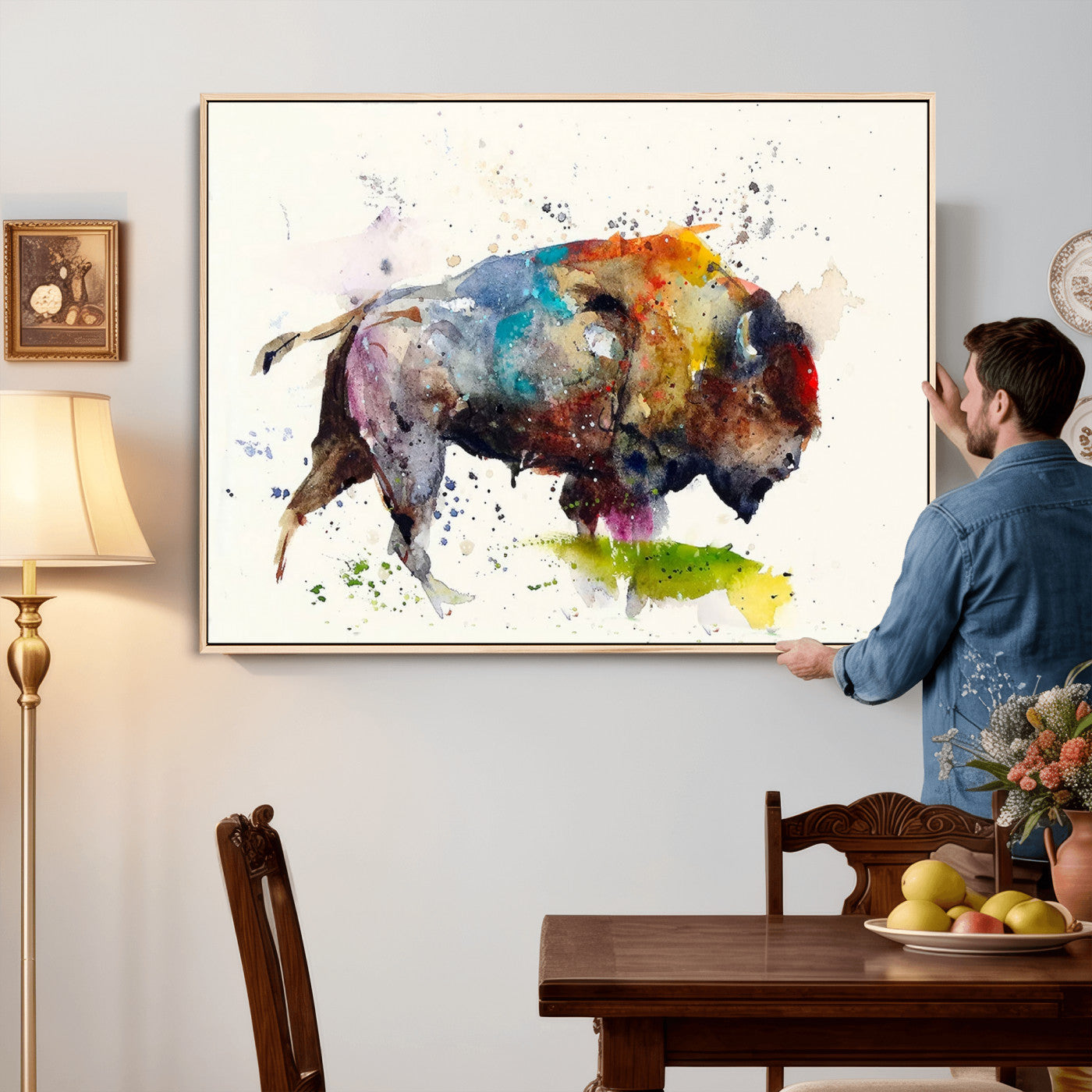 44504-MGV-CV-36X24 - Abstract Buffalo Wall Art, Western Watercolor Bison Canvas Print, Rustic Buffalo Art for Cowboy and
