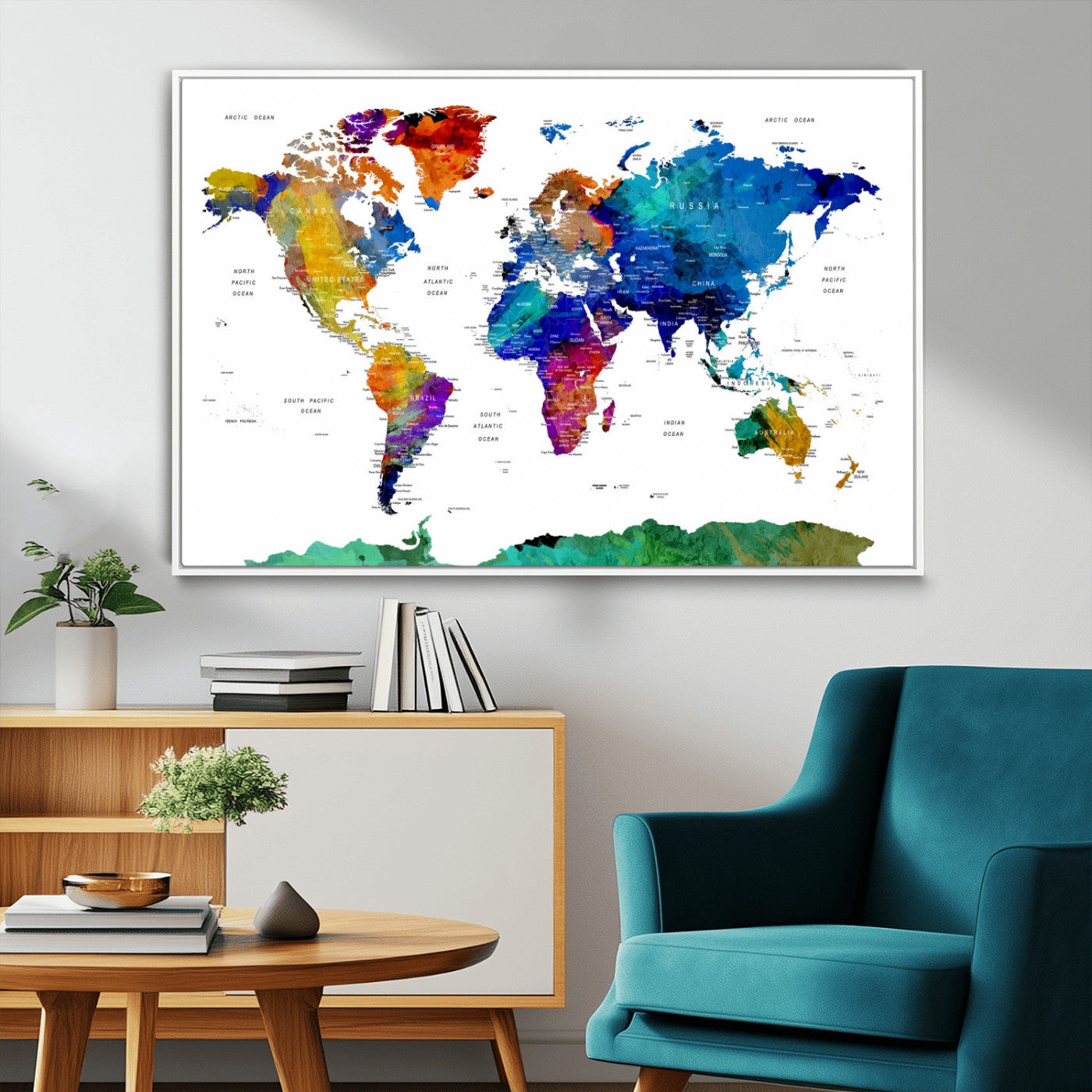 48979-MGV-CV-36X24-Colorful Watercolor World Map Canvas Print – Vibrant Framed Travel Map Wall Art, Modern Decor for Living Room or Office