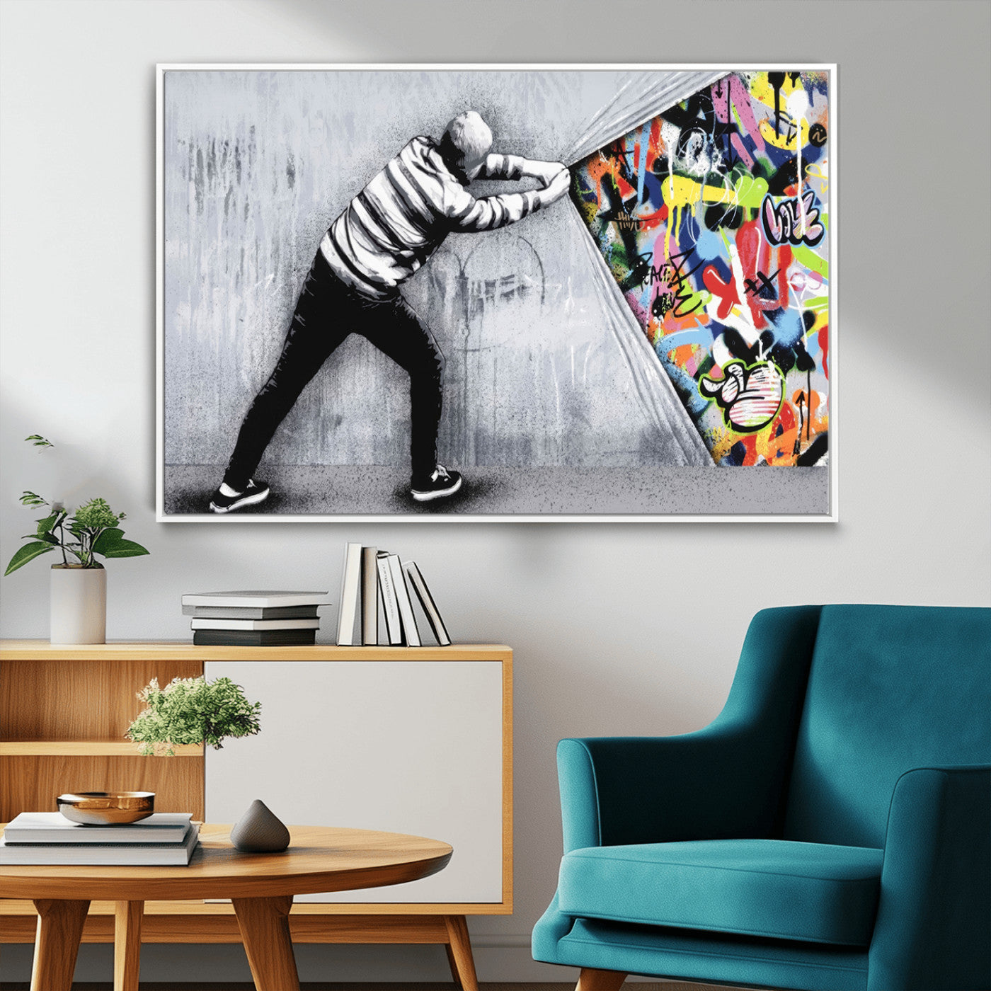 52252-MGV-CV-36X24-Banksy Art Behind the Curtain Street Wall Art Canvas Print | 3-Panel Urban Graffiti-Inspired Wall