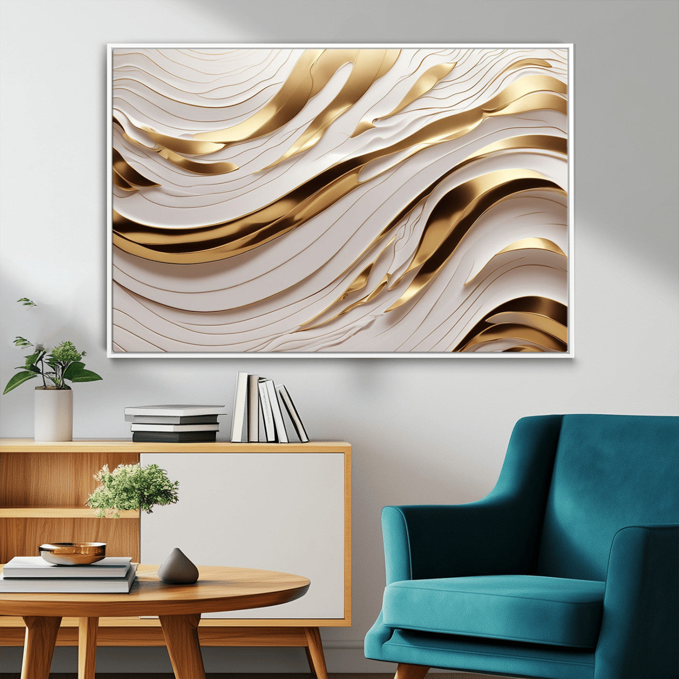 81197-MGV-CV-36X24-Gold and White Abstract Wave Canvas – Elegant Flowing Design with Luxurious Golden Accents –
