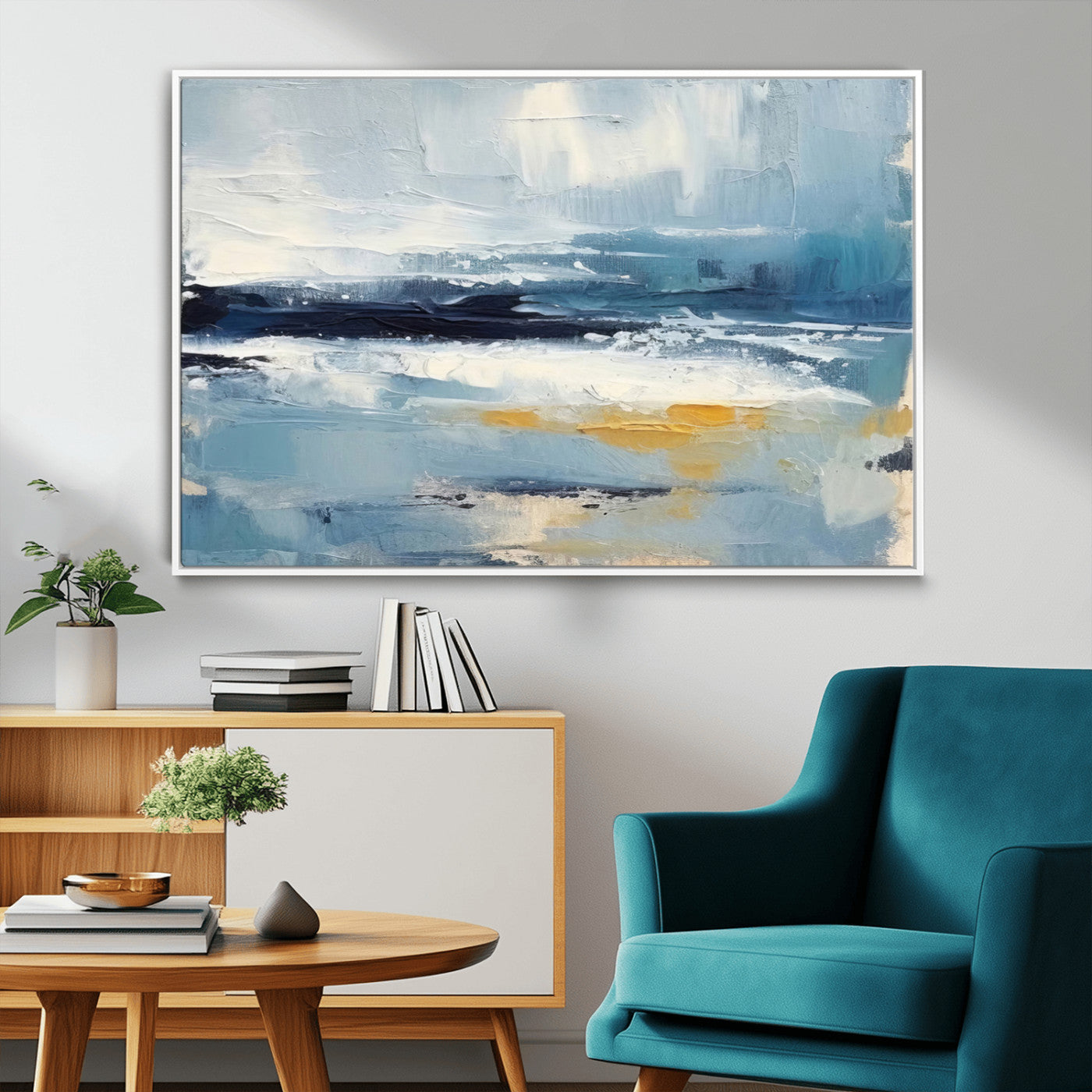 19746-MGV-CV-36X24-Abstract Ocean Canvas Wall Art - Coastal Blue and Gold Textured Painting, Modern Seascape Decor for