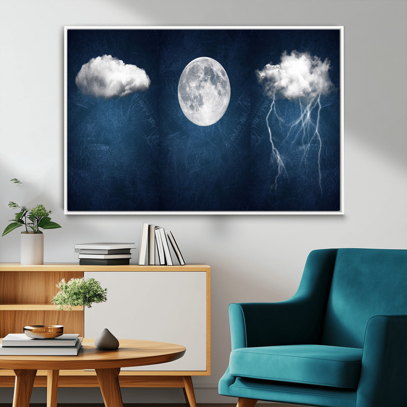 96569-MGV-CV-36X24-Dark Blue Cloud Art, 3 Piece Indigo Blue Wall Art, Aesthetic Surreal Art, Thunderstorm Moon Cloud