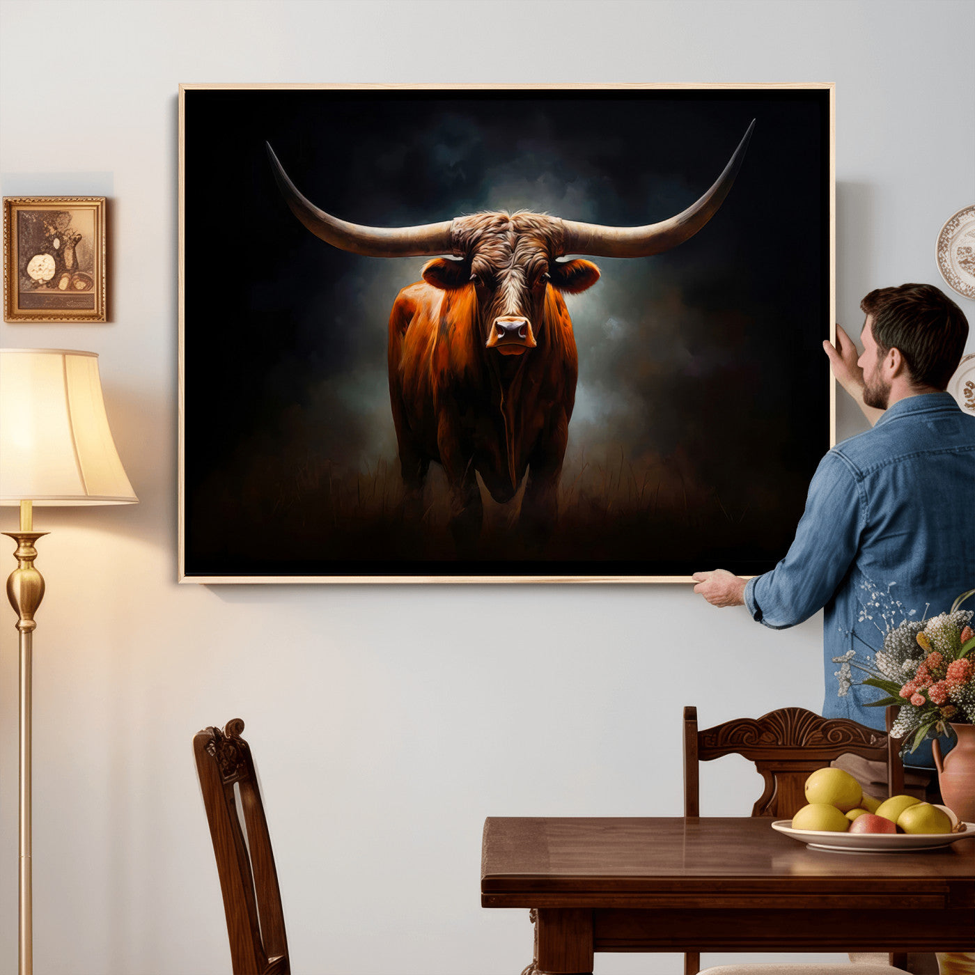 48896-MGV-CV-36X24 - Abstract Texas Longhorn Wall Art Print | 3-Panel Large Texas Longhorn Canvas Print for Living Room,