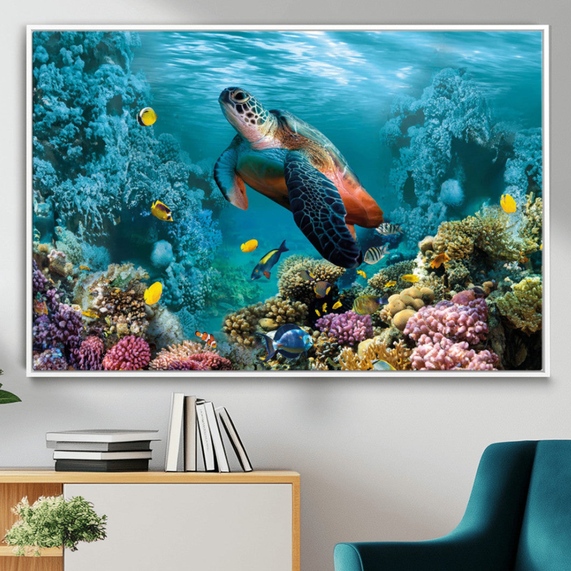 38661-MGV-FC-36X24_White-Sea Turtle and Coral Reef Triptych Wall Art – Vibrant Underwater Scene Canvas Set for Ocean Lovers