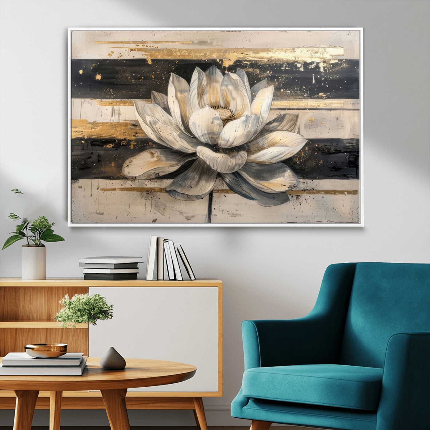 MGV-FC-36X24 - Lotus Flower Wall Art Canvas Print, Framed Abstract Lotus Art Picture Print, White Lotus Flower Perfect Abstract Floral Decor Artwork