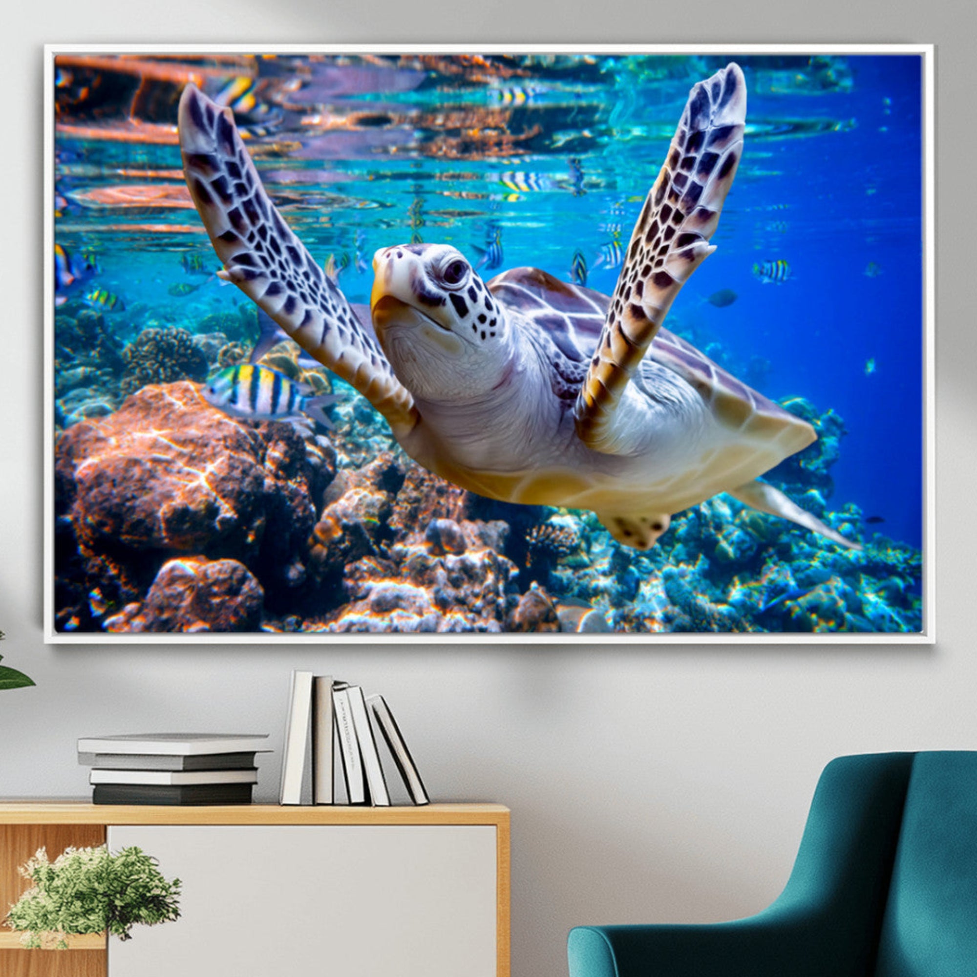 12683-MGV-FC-36X24_White-Underwater Sea Turtle Wall Art Canvas Print – Vibrant Ocean Coral Reef Décor, Ready to Hang