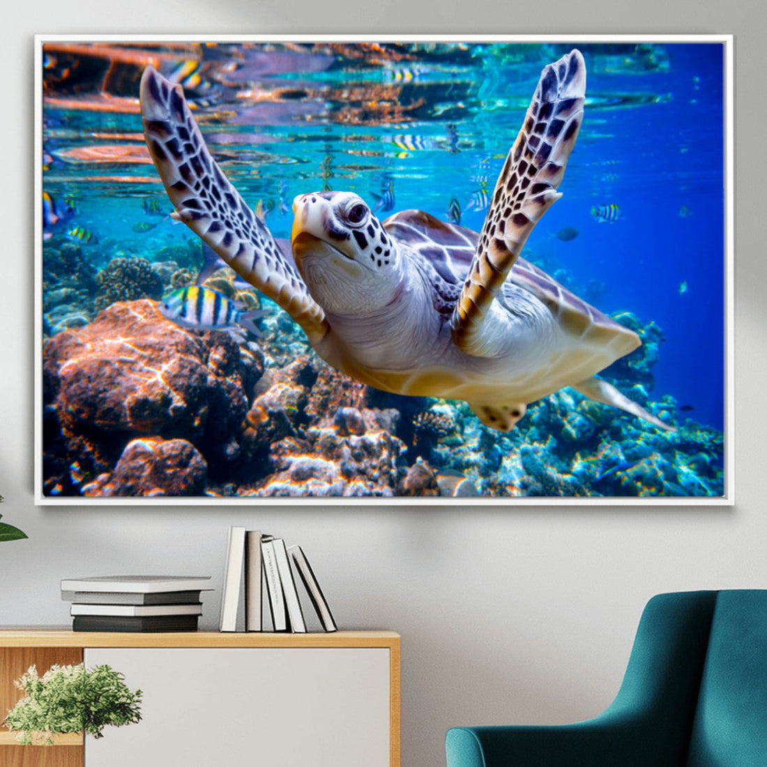 Underwater Sea Turtle Wall Art Canvas Print, Vibrant Ocean Coral Reef Decor