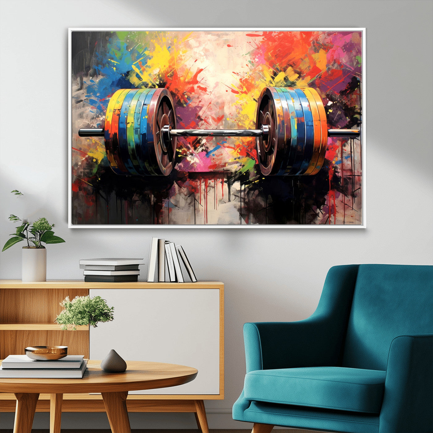 80436-MGV-FC-36X24_White-Weightlifting Barbell Art Triptych, Bold Abstract Fitness Wall Decor for Gym or Home, Giclee Canvas