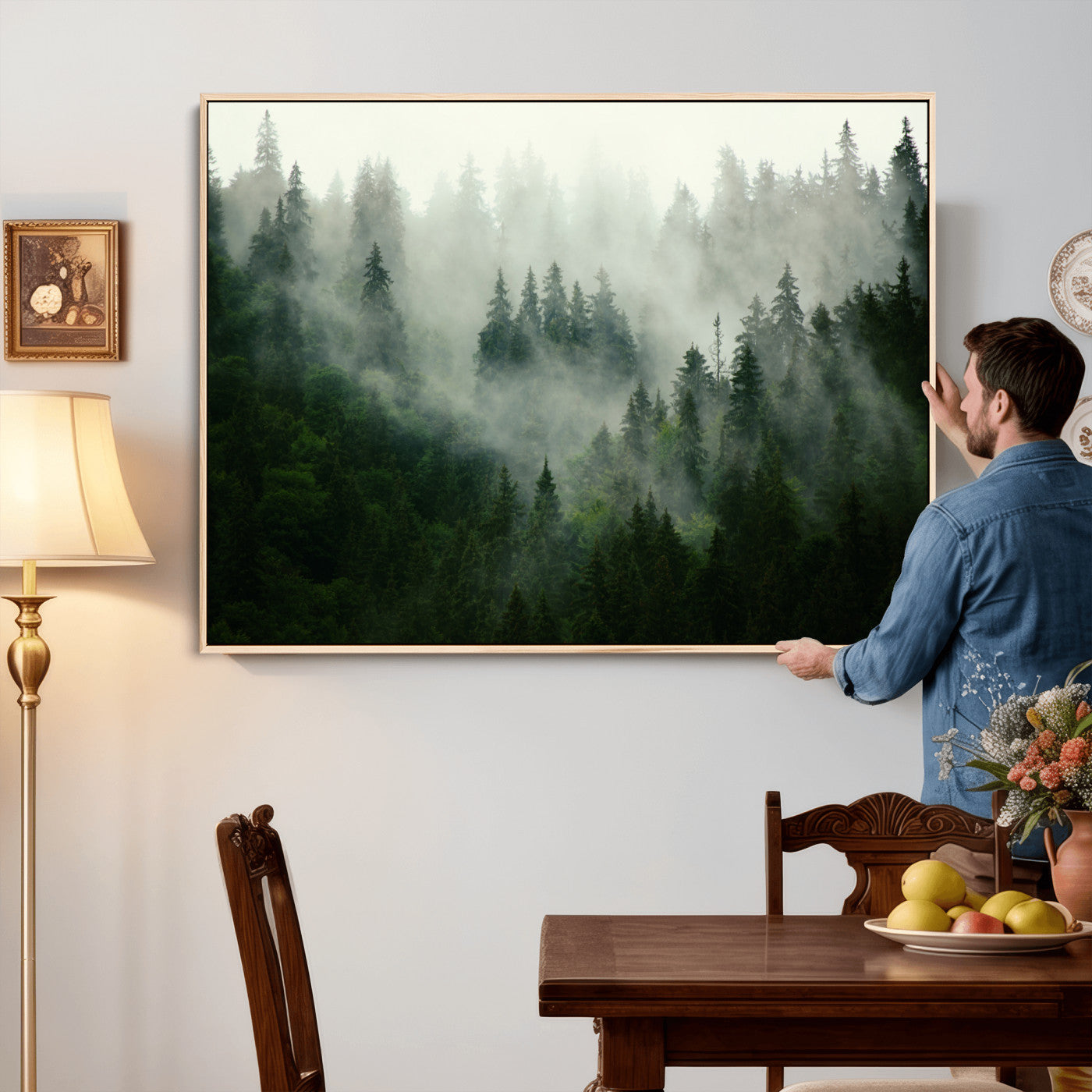 167720496-MGV-CV-36X24 - Misty Forest Mountain Wall Art Canvas | Large 3-Panel Foggy Landscape Canvas Print | Nature Misty