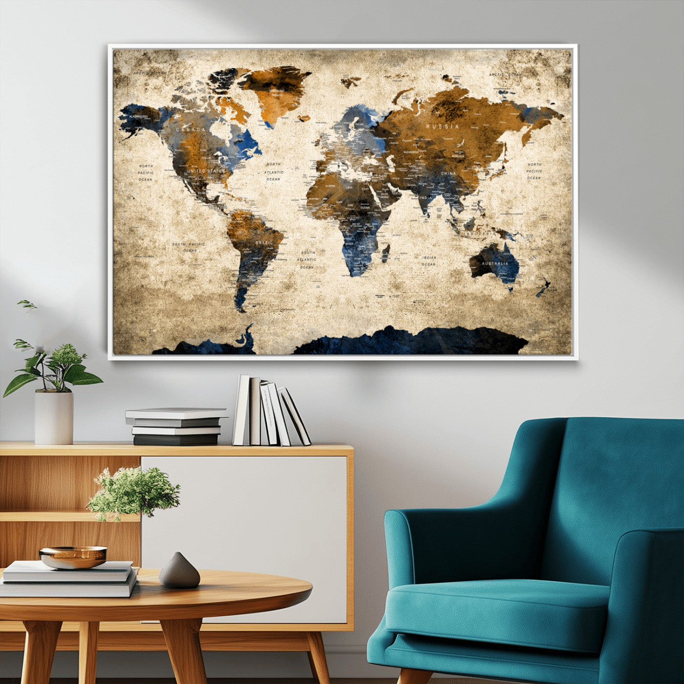 51140-MGV-FC-36X24_White-World Map Wall Art – Antique Style Blue and Brown Map Canvas Print, Classic Travel Wall Decor for Home Office or Study Room