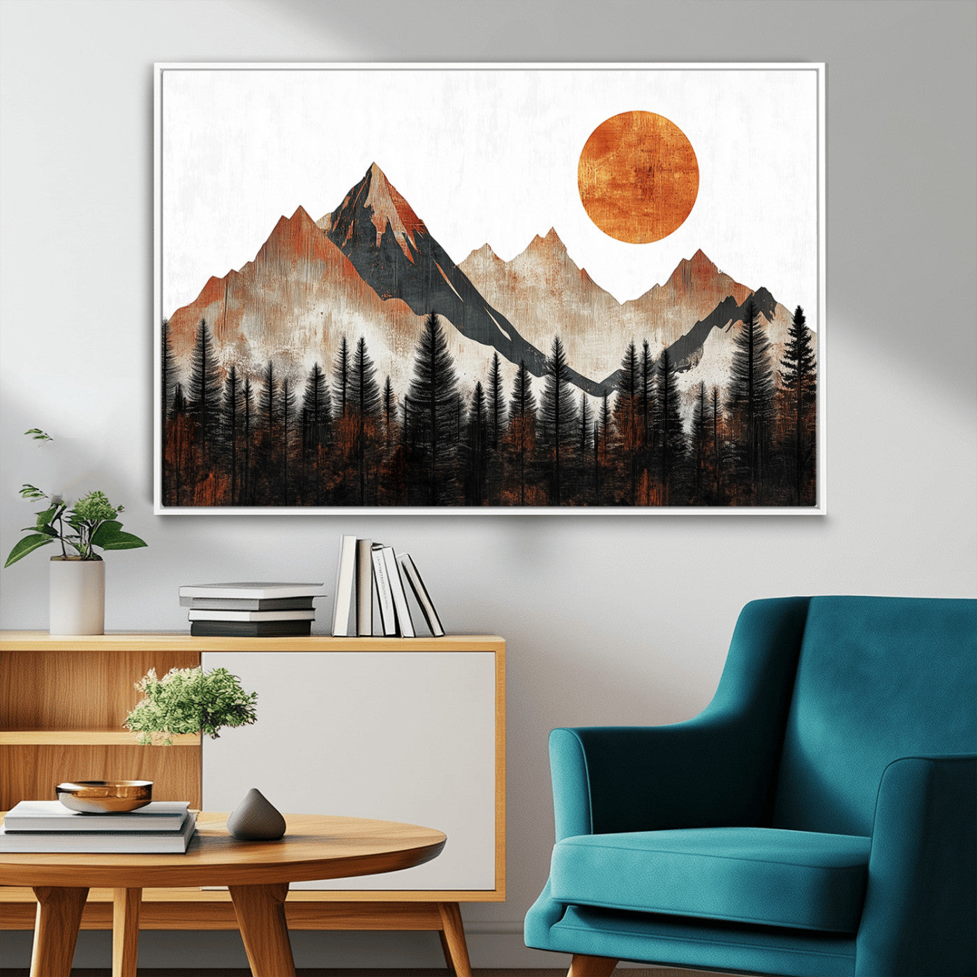 71366-MGV-FC-36X24_White-Modern Abstract Mountain Canvas Wall Art Print, Abstract Landscape Print, Rustic Sun and Mountains