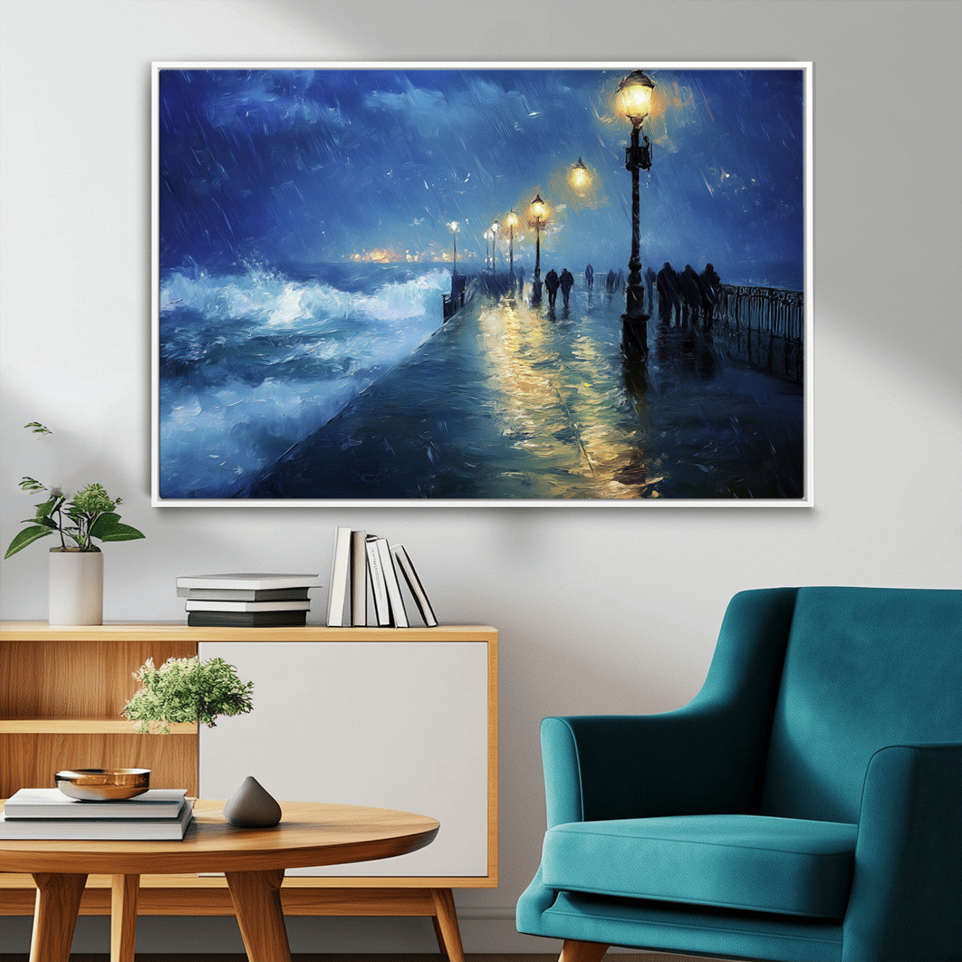 94571-MGV-FC-36X24_White-Storm Ocean Pier Canvas Wall Art Print - Large Moody Night Scene Print, Seaside Wall Decor