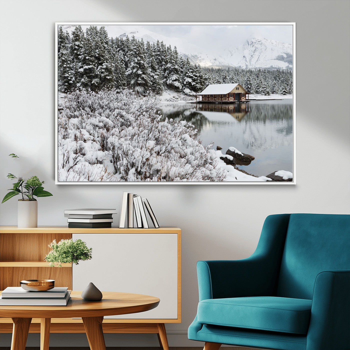 94285-MGV-FC-36X24_White-Winter Wall Art - Cabin by the Lake Canvas Wall Art - Serene Snowy Landscape with Mountain View,
