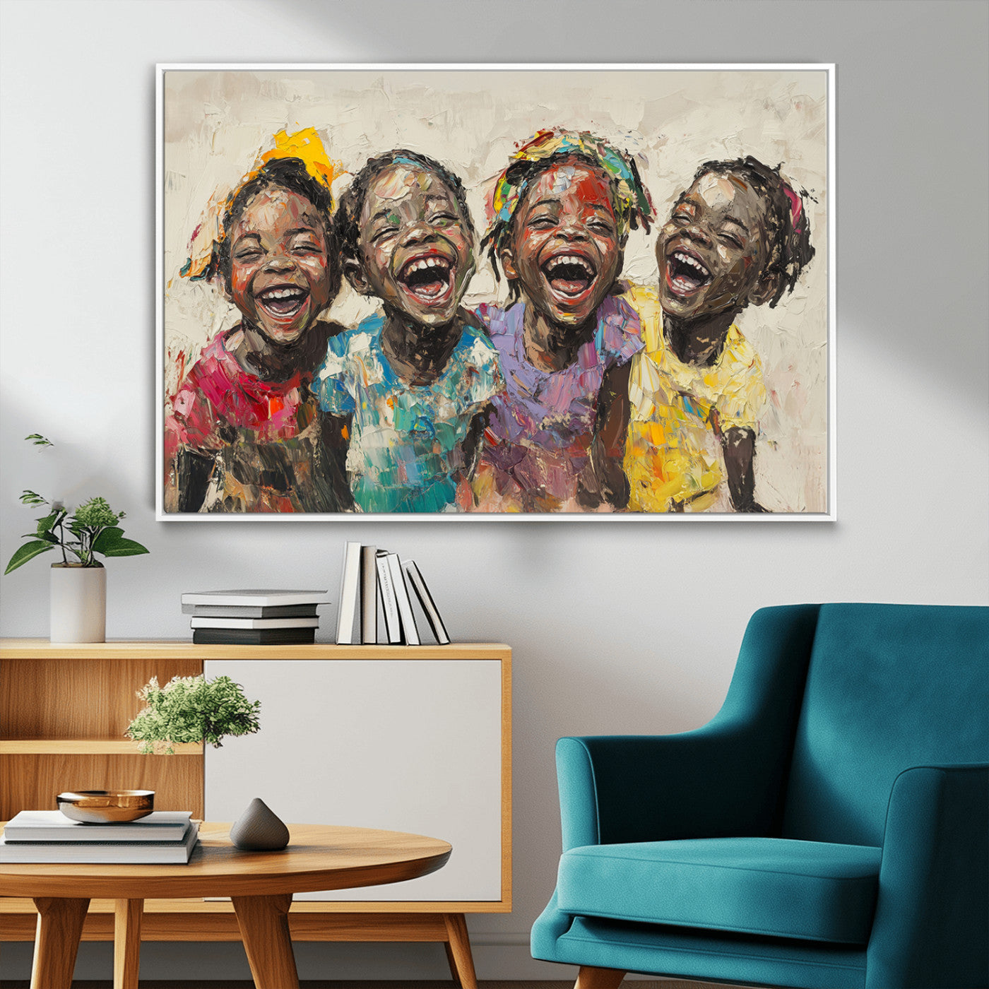 93034-MGV-CV-36X24-Shai Yossef style Joyful Childhood Canvas Wall Art - Expressive Impasto Painting of Black Children