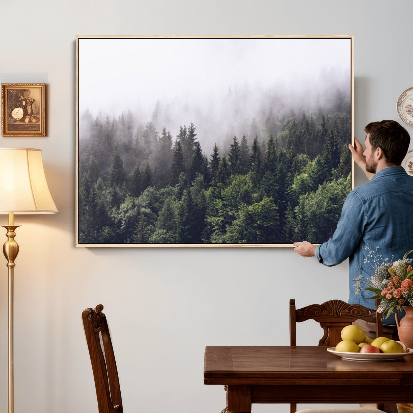 42578900-MGV-CV-36X24 - Misty Forest Wall Art | Foggy Forest Canvas Print | Large Nature-Inspired Misty Tree Landscape for