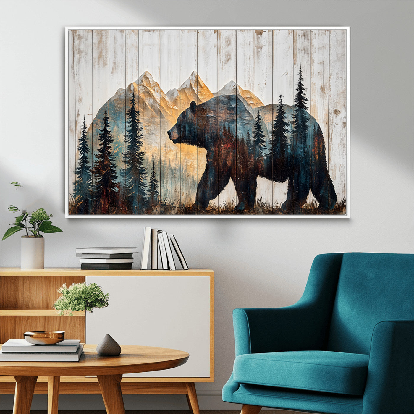 90077-MGV-FC-36X24_White-Rustic Bear Wall Art - Grizzly 399 Bear Wall Art - Mountain Wood Canvas Wall Art - Nature Theme