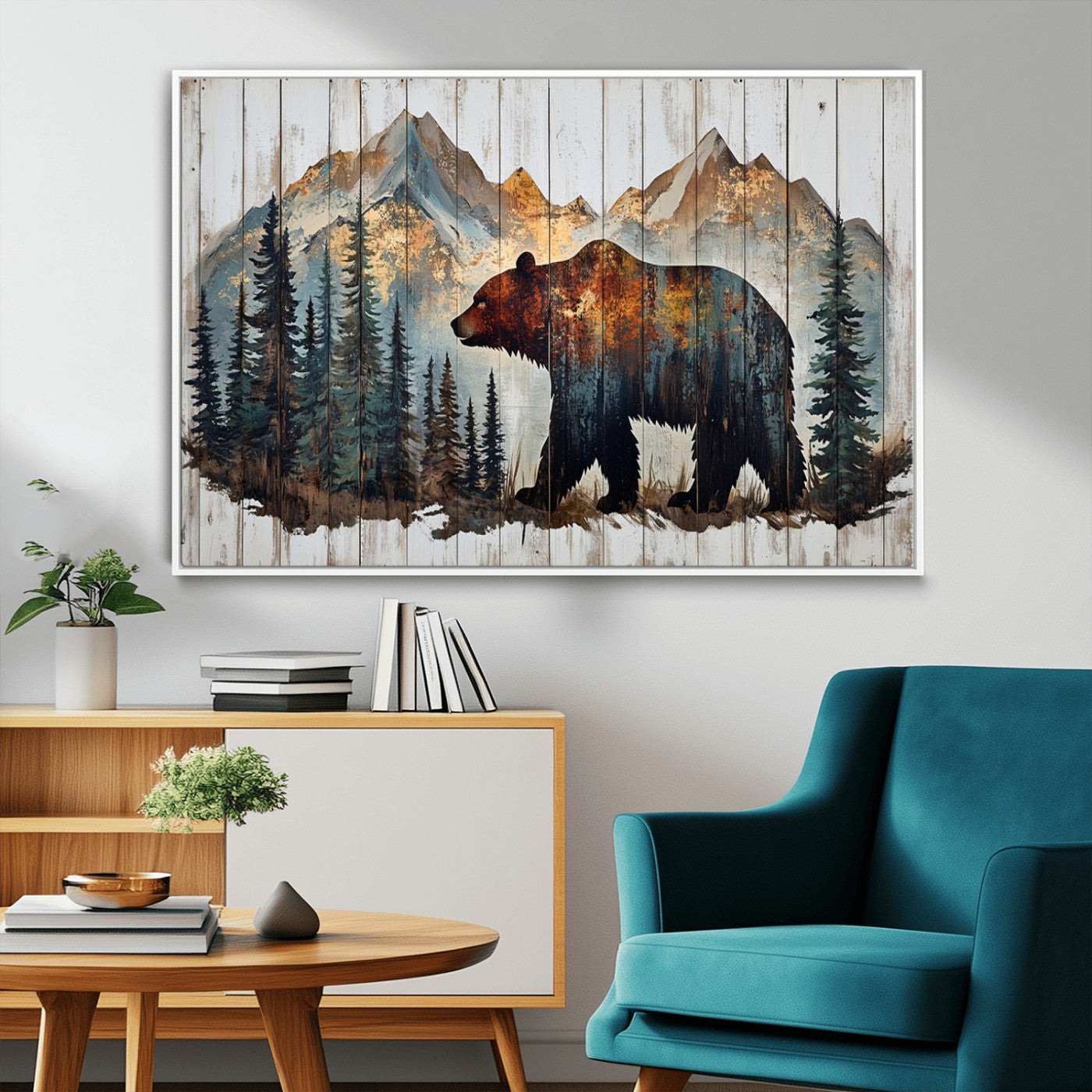 -Rustic Grizzly 399 Bear and Mountain Wood Canvas Wall Art - Framed Nature Artwork with Forest