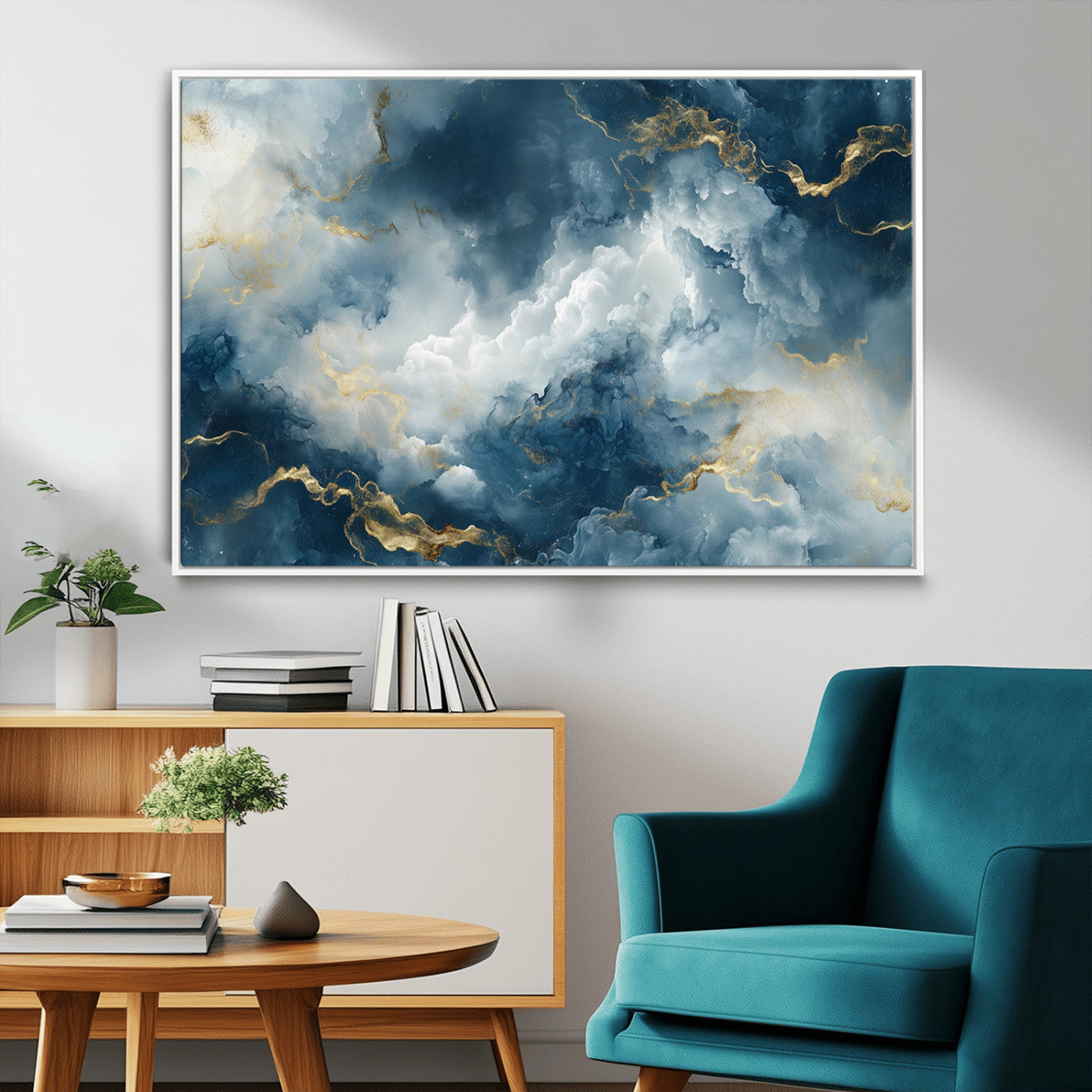 48298-MGV-CV-36X24-Large Abstract Print - Luxe Blue and Gold Abstract Canvas Wall Art - Bold Cloudscape Canvas for