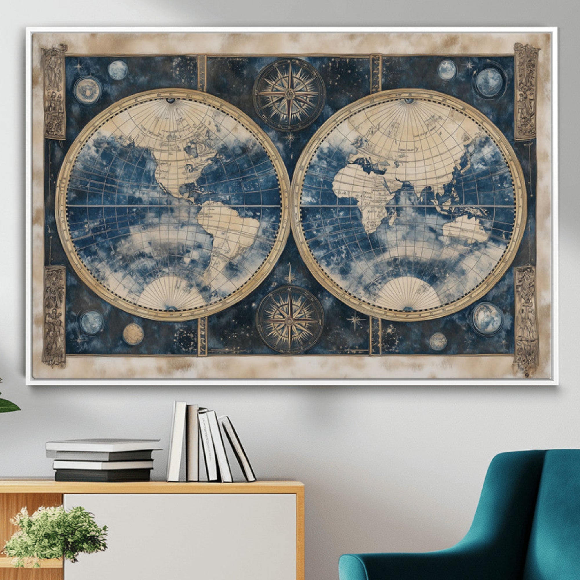 46473-MGV-CV-36X24-Framed Vintage Blue World Map Canvas Print – Antique Double Hemisphere Wall Art for Home and Office Decor, Classic Explorer Map Artwork