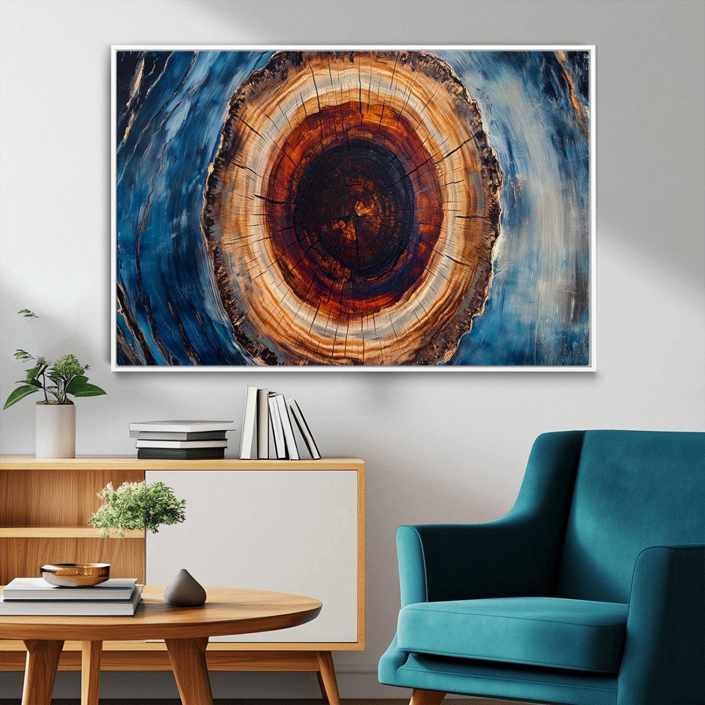 30457-MGV-FC-36X24_White-Framed Abstract Tree Ring Wall Art Print, Natural Rustic Wood Texture Canvas Print, Wood Tree Stump