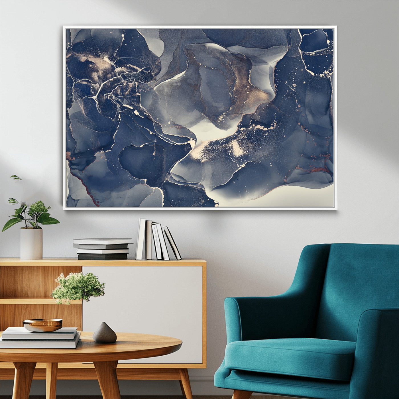 28282-MGV-CV-36X24-Large Abstract Blue and Gold Canvas Wall Art | Fluid Ink Artwork Print | Luxury Wall Decor for