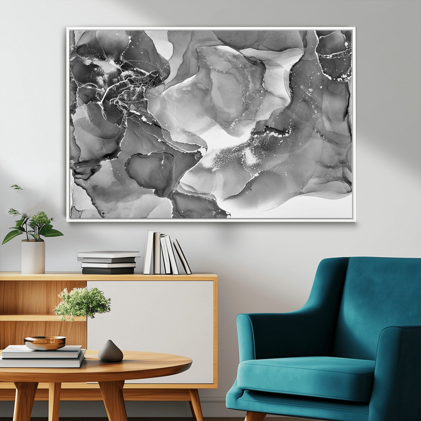 15911-MGV-FC-36X24_White-Black White Abstract Canvas Wall Art - Fluid Ink Artwork - Modern Luxury Wall Decor for Contemporary