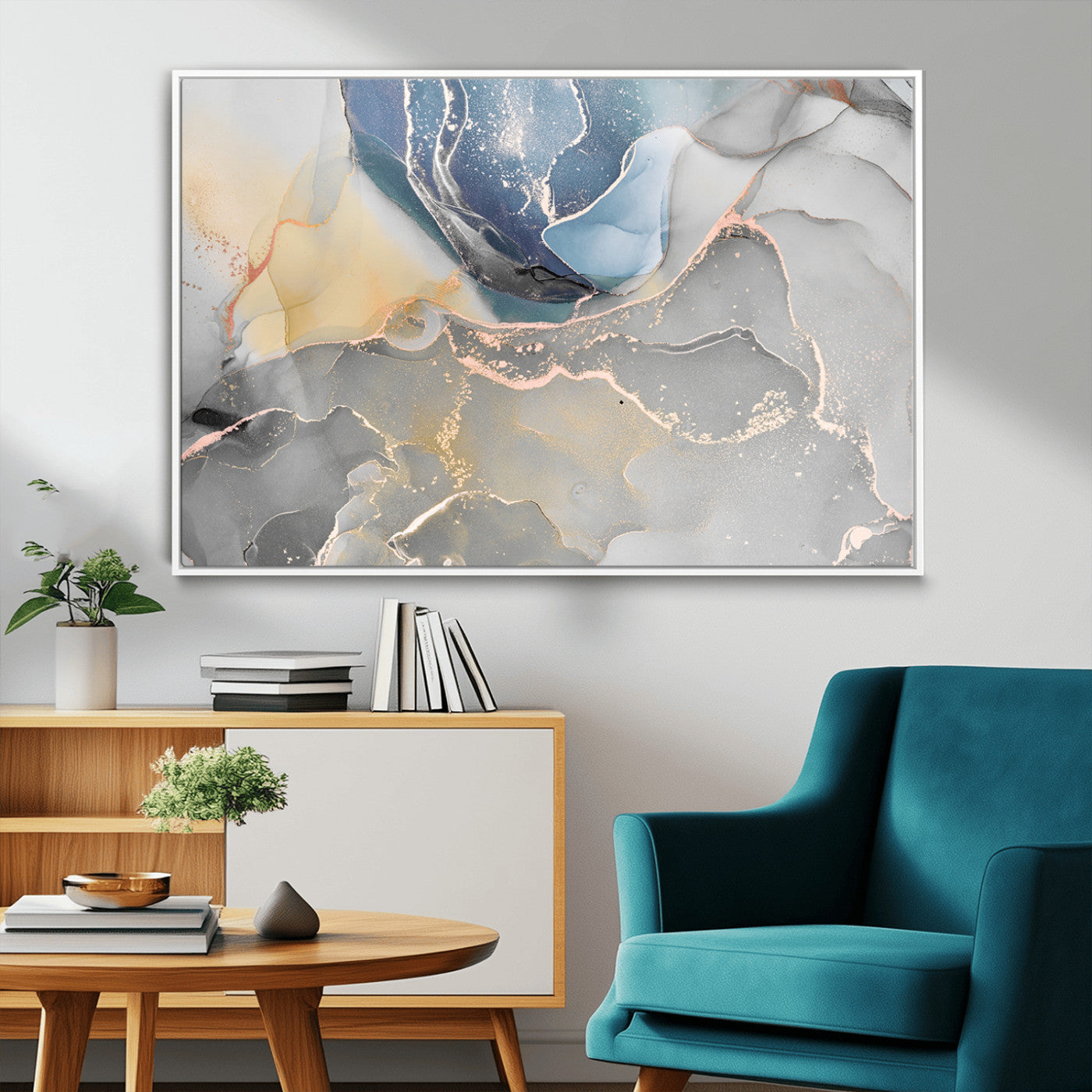18176-MGV-FC-36X24_White-Large Abstract Blue and Gold Canvas Wall Art | Fluid Ink Artwork Print | Luxury Wall Decor for