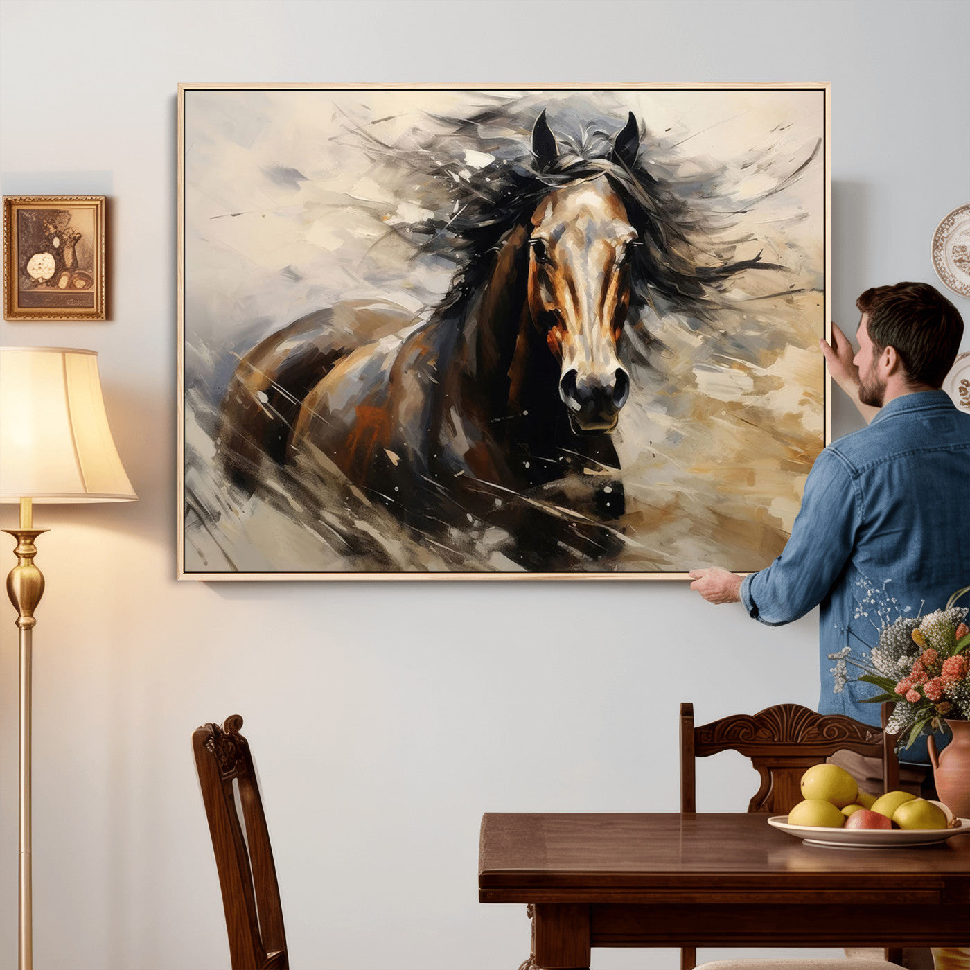 53001-MGV-CV-36X24 - Abstract Wall Art Horse Print - Large Western Horse Canvas - Farmhouse Woodland Wall Art - Framed