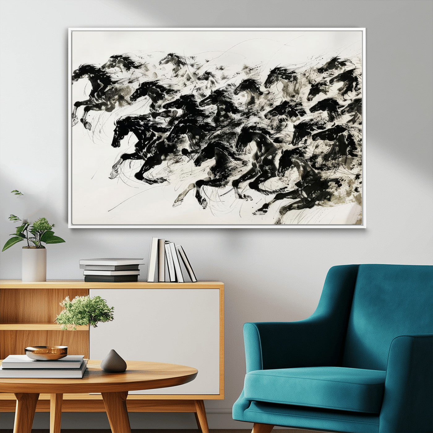 23069-MGV-FC-36X24_White-Abstract Horse Wall Art Canvas Print - Dynamic Black Ink Horse Print - Modern Equine Wall Decor for