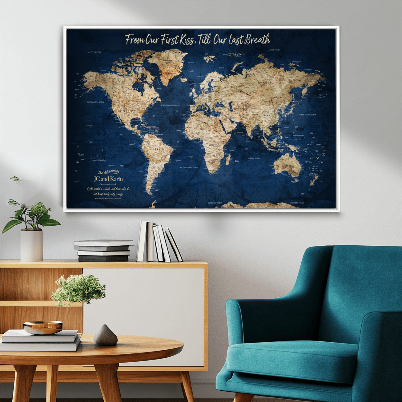 56122A-MGV-FC-36X24_White-Personalized Push Pin World Map Canvas Print – Custom Couple Travel Tracker Wall Art, Framed Anniversary Gift for Home Decor