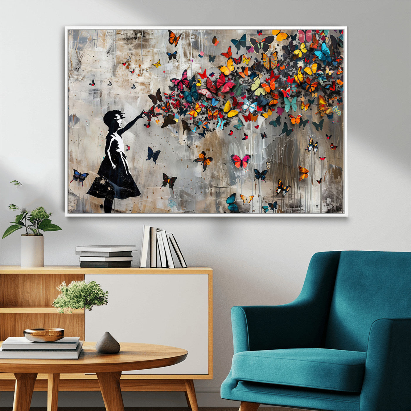 51446-MGV-FC-36X24_White-Butterfly Girl Wall Art – Vibrant Street Style Canvas Print, Modern Abstract Wall Decor for Living Room, Bedroom, or Office