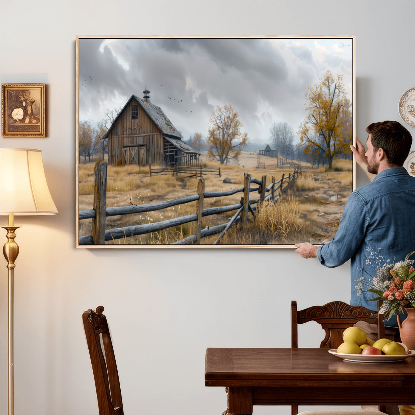 Farm1-MGV-CV-36X24 - Rustic Autumn Farmhouse Wall Art Canvas Print – Serene Countryside Scene with Weathered Barn and