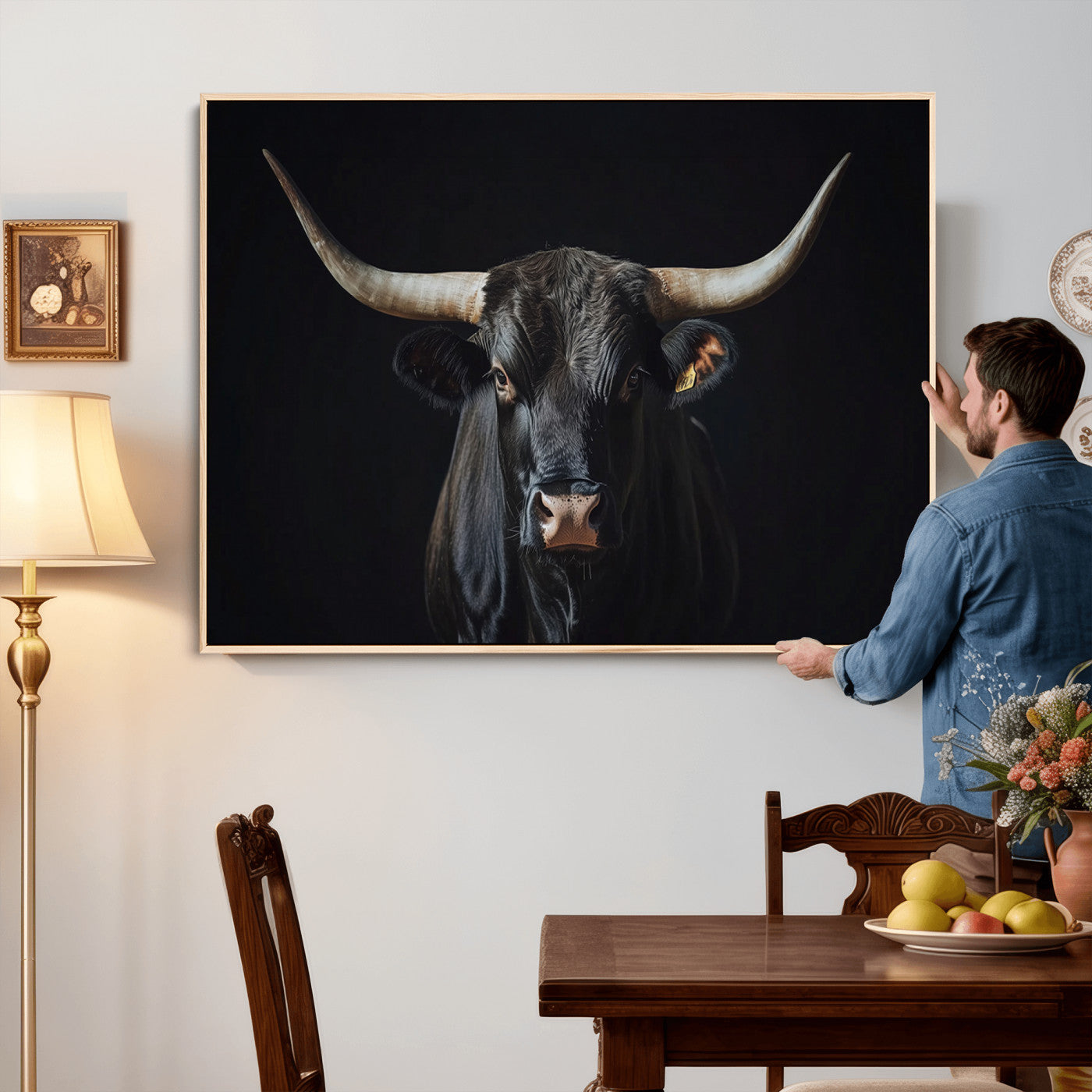 48065167-MGV-CV-36X24 - Texas Longhorn Bull Wall Art Canvas Print – Western Black Bull Art Print for Farmhouse Ranch Decor