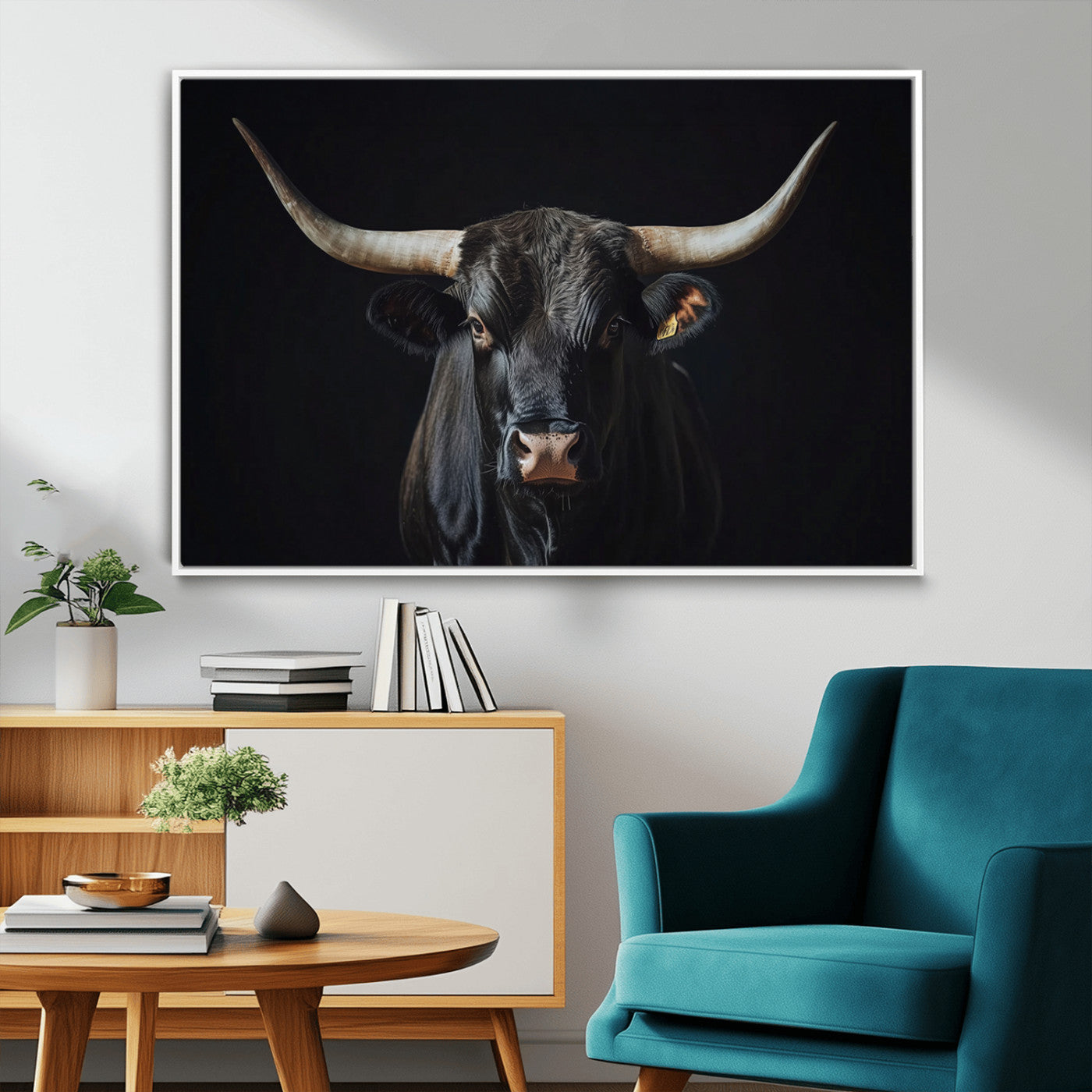 48065167-MGV-FC-36X24_White-Majestic Longhorn Bull Wall Art Canvas Print – Dark Background Western Ranch Portrait Artwork for Home, Office