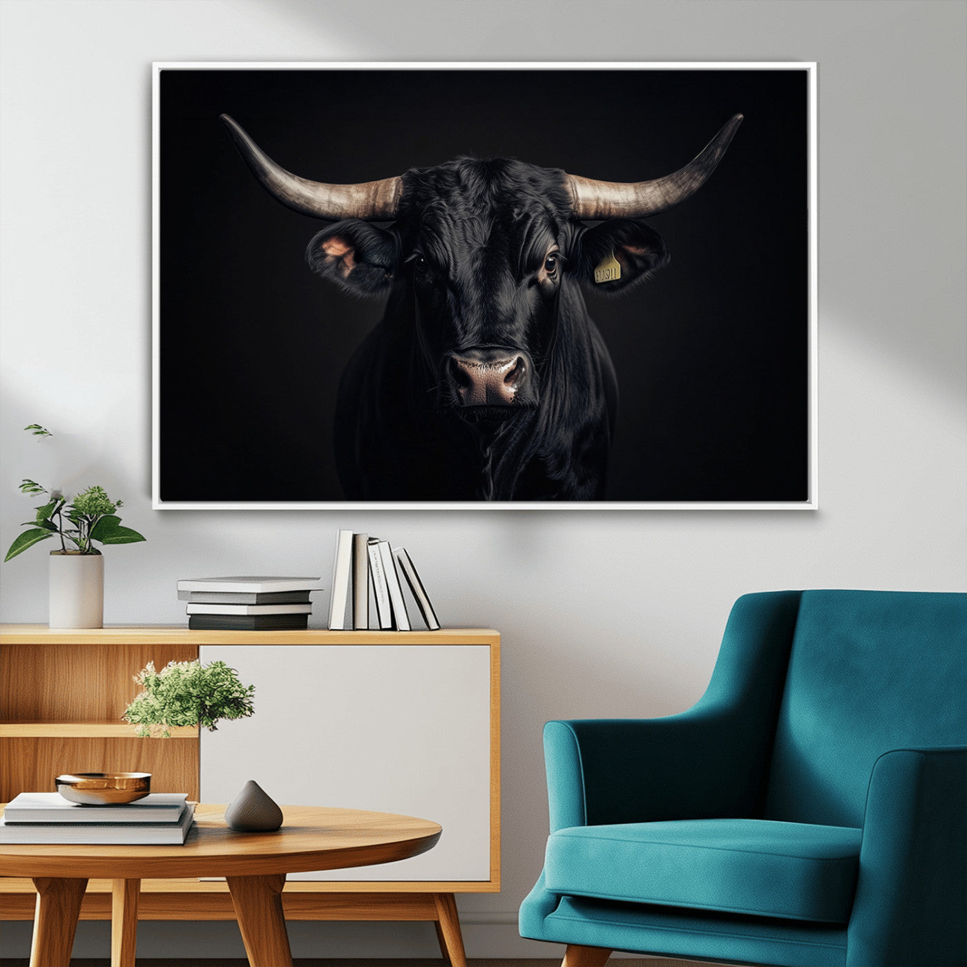 MGV-FC-36X24 - Black Bull Wall Art – Framed Horned Bull Canvas Artwork, Western Cattle Design, Rustic Ranch Style Decor for Home, Office