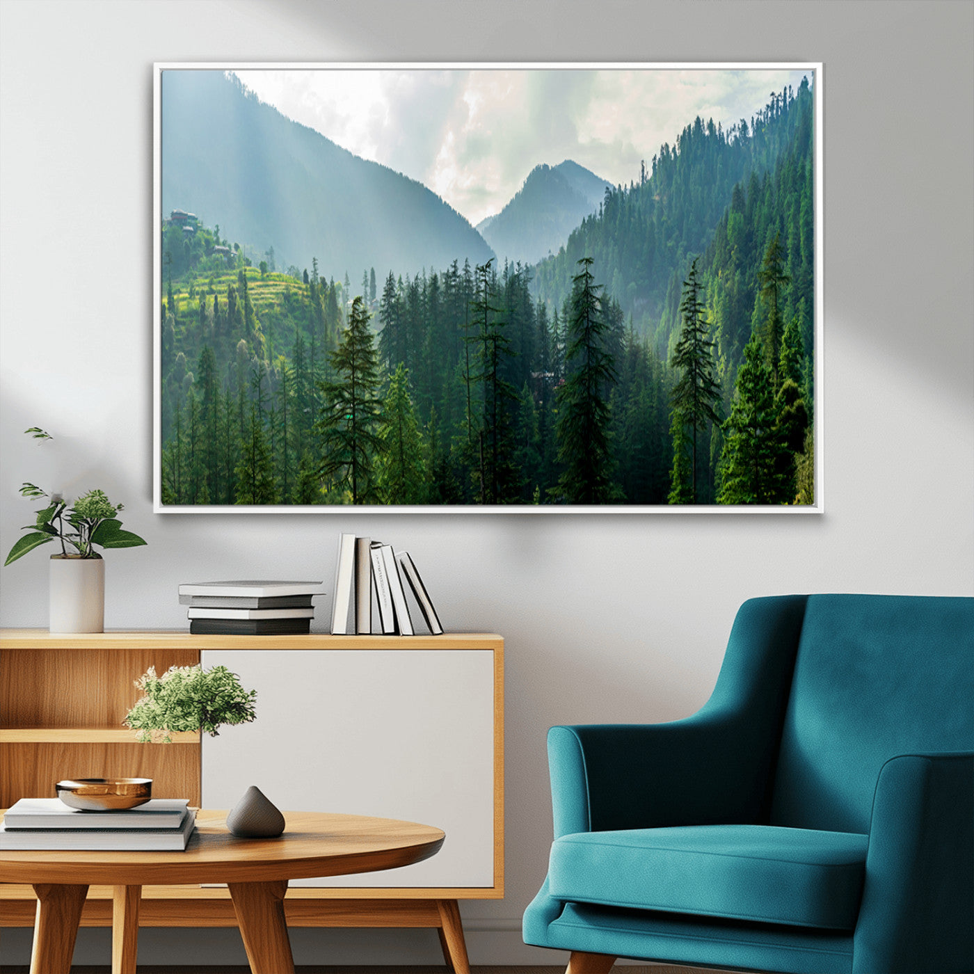 83417191-MGV-CV-36X24-Misty Forest Mountain Wall Art Canvas Print – Framed Serene Nature Scene with Tranquil Valley Artwork for Home, Office