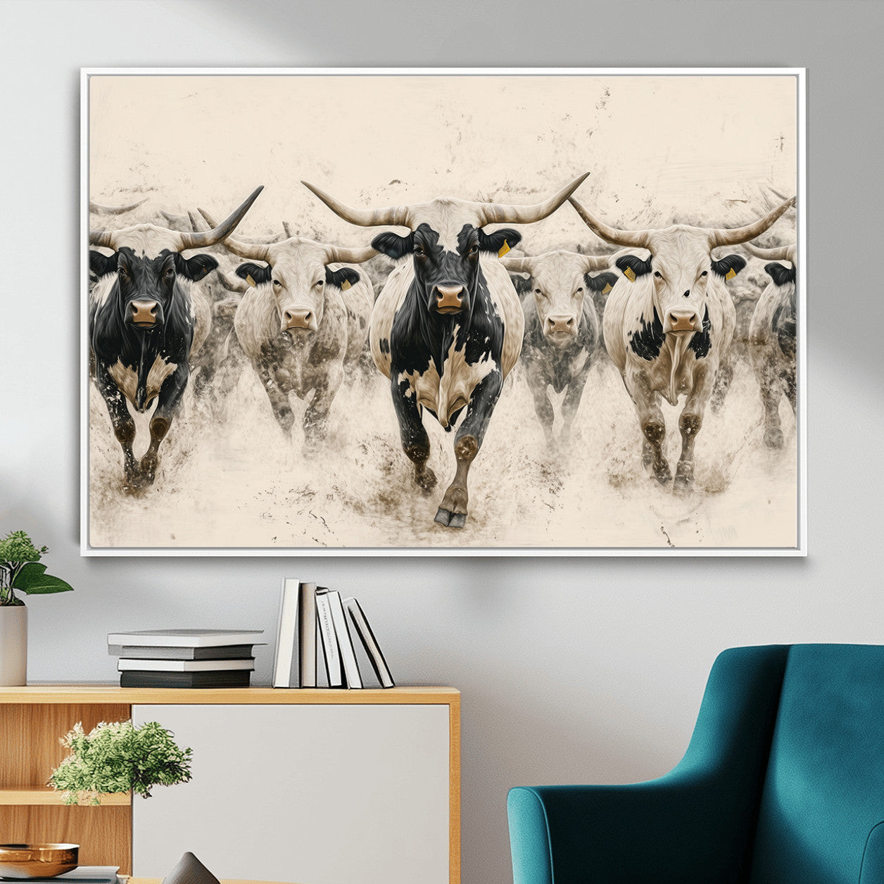 MGV-FC-36X24 - Cream Dust Longhorn Wall Art – Canvas Print of Western Herd Stampede, Dynamic Charge, Rustic Prairie Motion, Bold Nature Farm Decor