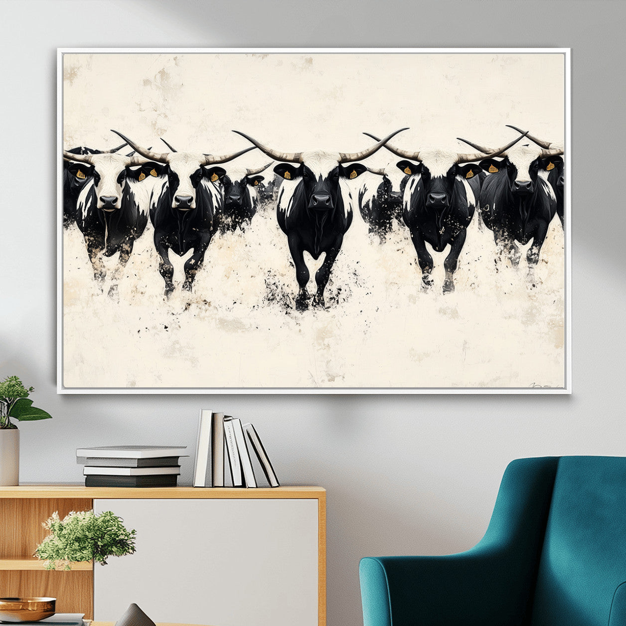 MGV-FC-36X24 - Longhorn Cattle Wall Art – Canvas Print of Herd in Motion, Symmetry and Ink Splatter, Minimalist Western Ranch, Bold Rustic Farm Decor
