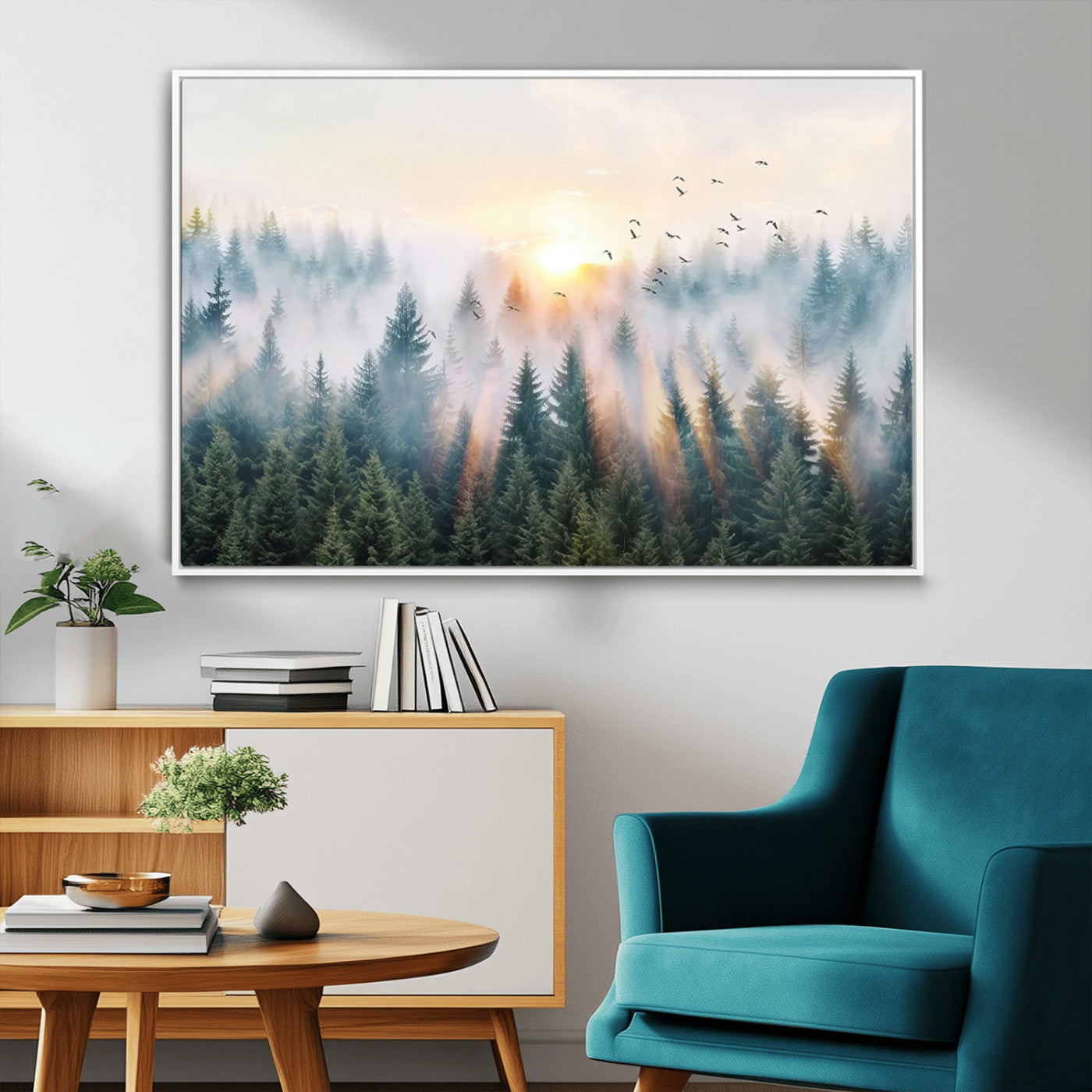 92718976-MGV-FC-36X24_White-Misty Pine Forest Wall Art Canvas, Sunrise Over Foggy Trees Canvas for Home - Office, Framed