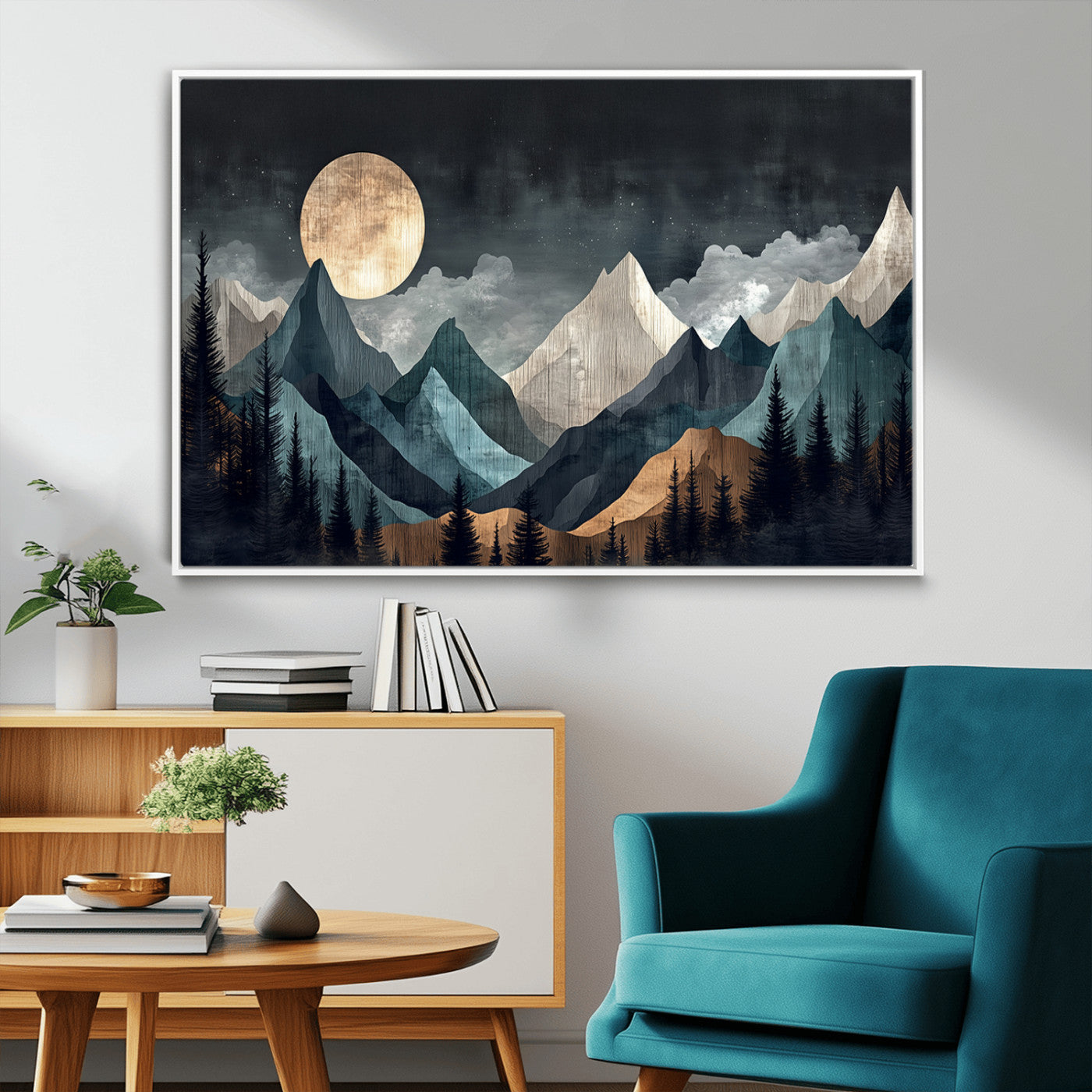 11060882-MGV-CV-36X24-Moonlit Mountain Wall Art Canvas Print – Silhouetted Pines Layered Peaks Tranquil Sky Mist Silver Light Nature Artwork for Home